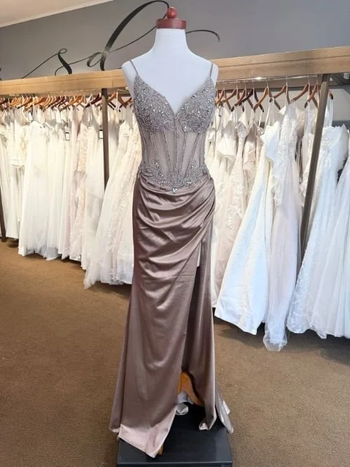 mocha brown and sparkly prom dress