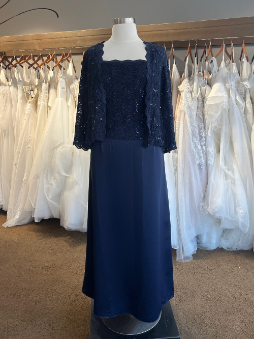 Navy lace and satin mother's dress