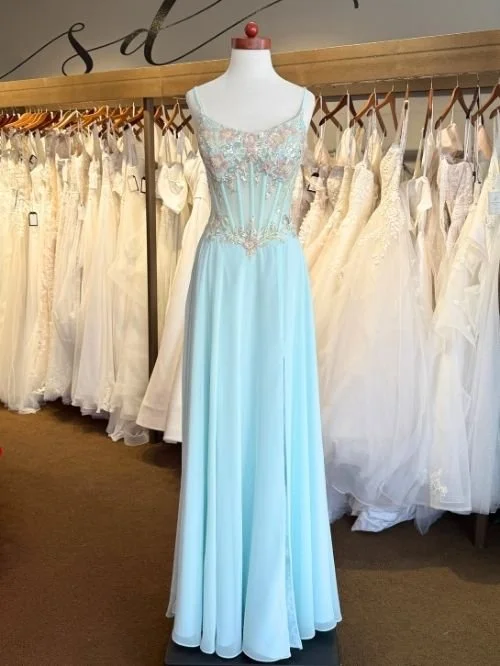 Light blue floral flowy prom dress