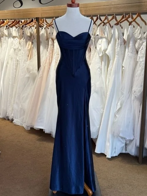 Navy basque waist prom dress