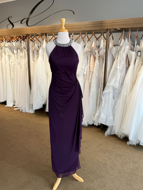 Eggplant Purple halter mom's dress on a mannequin