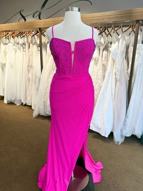 Bright pink fitted prom dress