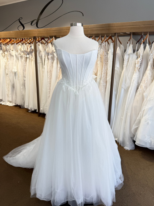 glitter wedding dress on mannequin in front of wedding dresses