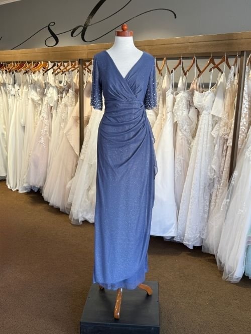 slate blue mother's dress with sleeves