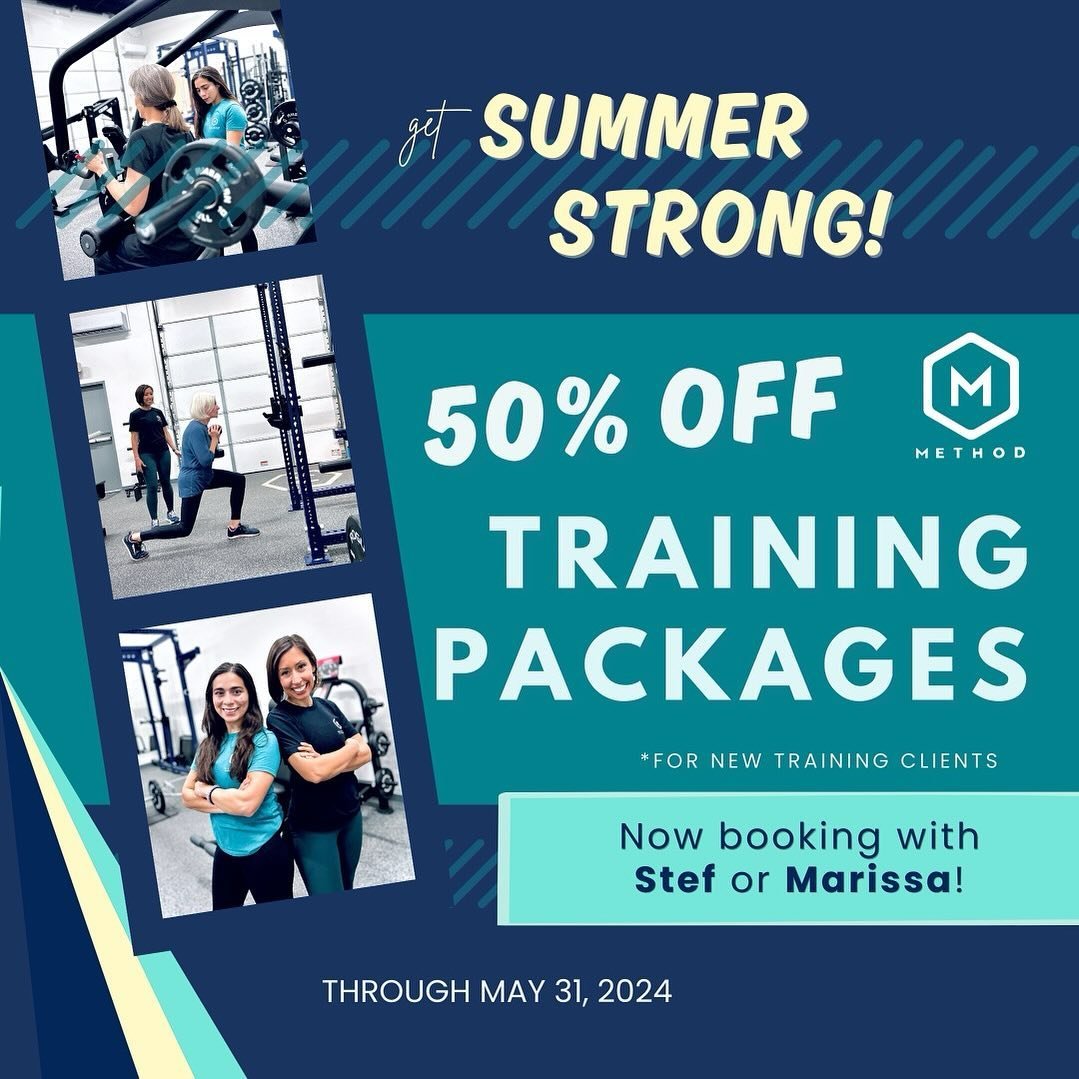 Get Summer Strong with our Training Packages! ☀️

Method is offering 50% off all packages for new clients until May 31st, 2024. 

Strengthen your body for an active, fulfilling life you love&mdash; call to book now with Stef &amp; Marissa at 210-526-