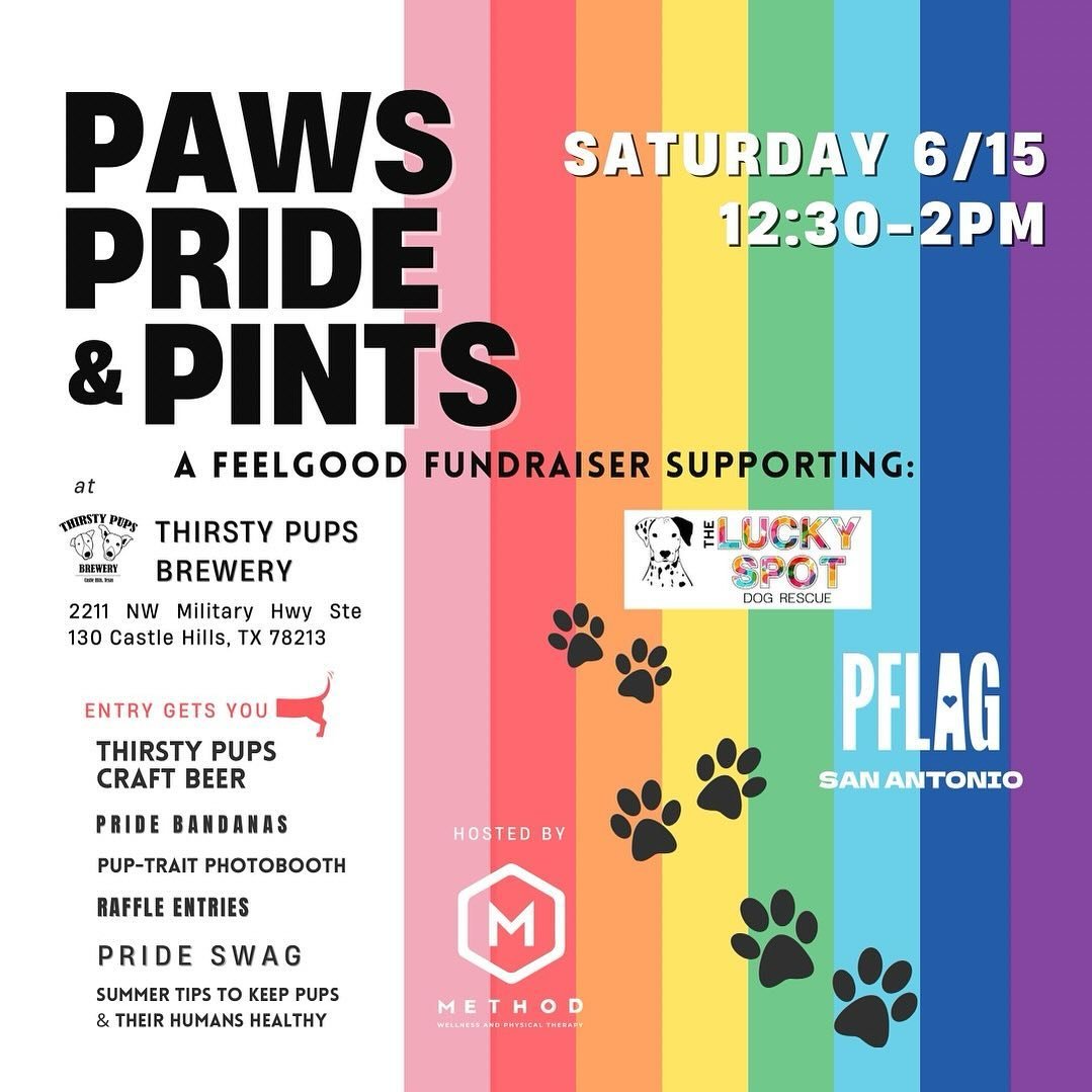 Unleash the love and support at Paws, Pride &amp; Pints! 🌈🐾 

🌈Join us on Saturday, June 15th at Thirsty Pups Brewery for a tail-wagging fundraiser benefiting PFLAG San Antonio and The Lucky Spot Dog Rescue. 

🍻Enjoy craft brews, PRIDE bandanas, 