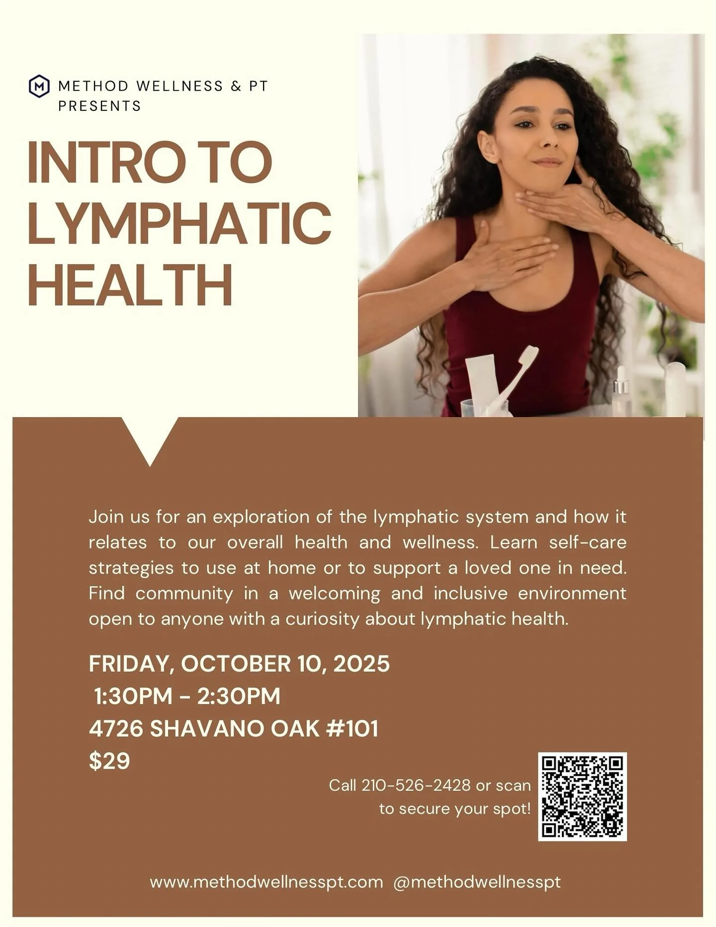 Our Intro to Lymphatic Health workshop is happening tomorrow, Friday, October 10, 2025, from 1:30&ndash;2:30 PM at Method Wellness | 4726 Shavano Oak, Suite 101.

Join us for an engaging exploration of the lymphatic system and learn self-care strateg