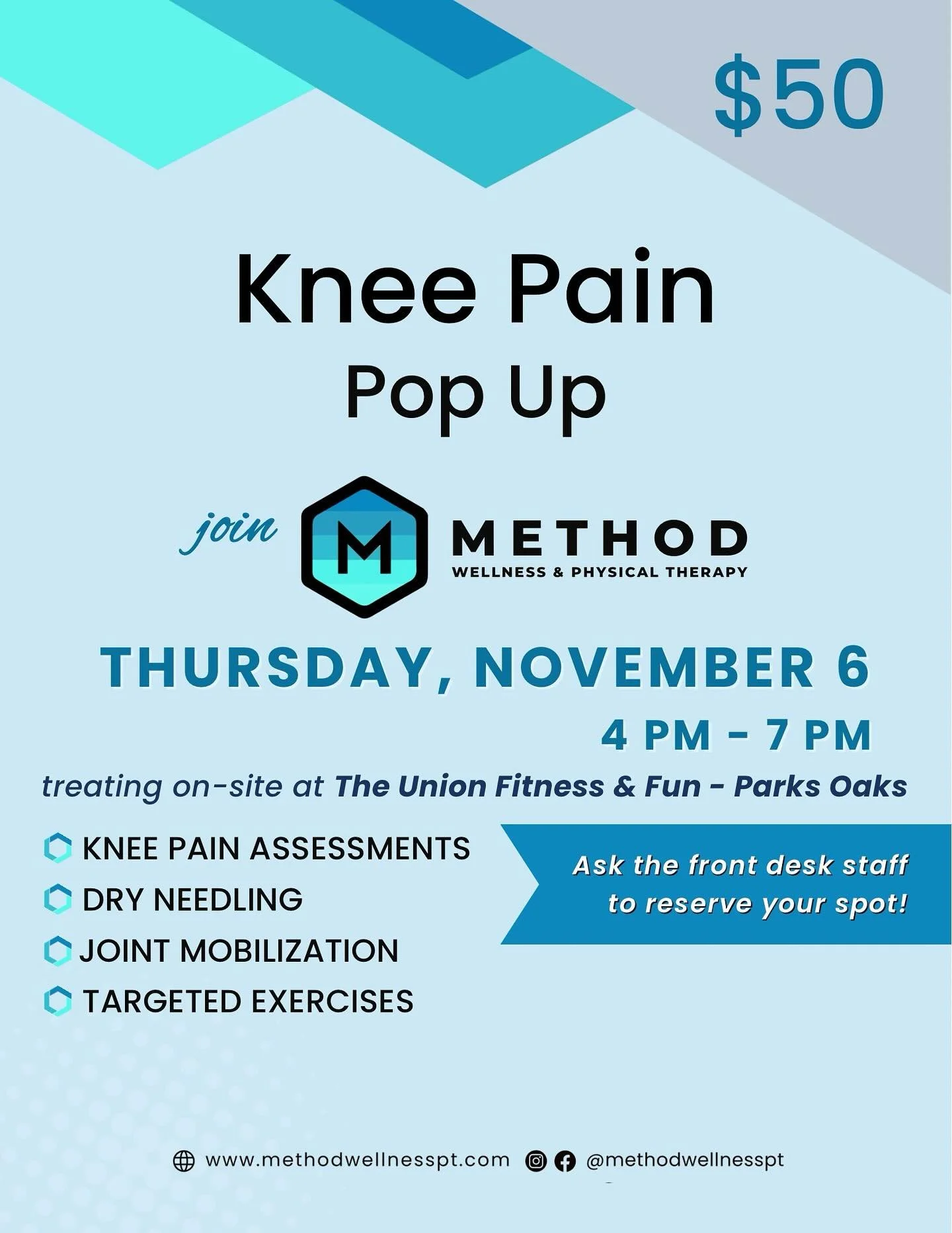 Method Wellness &amp; Physical Therapy presents a knee pain pop-up on Thursday, November 6, from 4&ndash;7 PM at The Union &ndash; Parks Oaks (@theunionsa)

Includes knee pain assessments, dry needling, joint mobilization, and targeted exercises.

$5