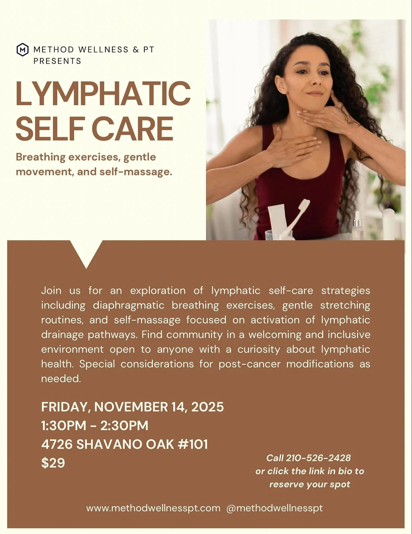 Join Method Wellness on Friday, November 14, 2025, from 1:30&ndash;2:30 PM for a Lymphatic Self Care workshop. Learn breathing, stretching, and self-massage techniques to support lymphatic health. $29 per person at 4726 Shavano Oak #101. Register at 