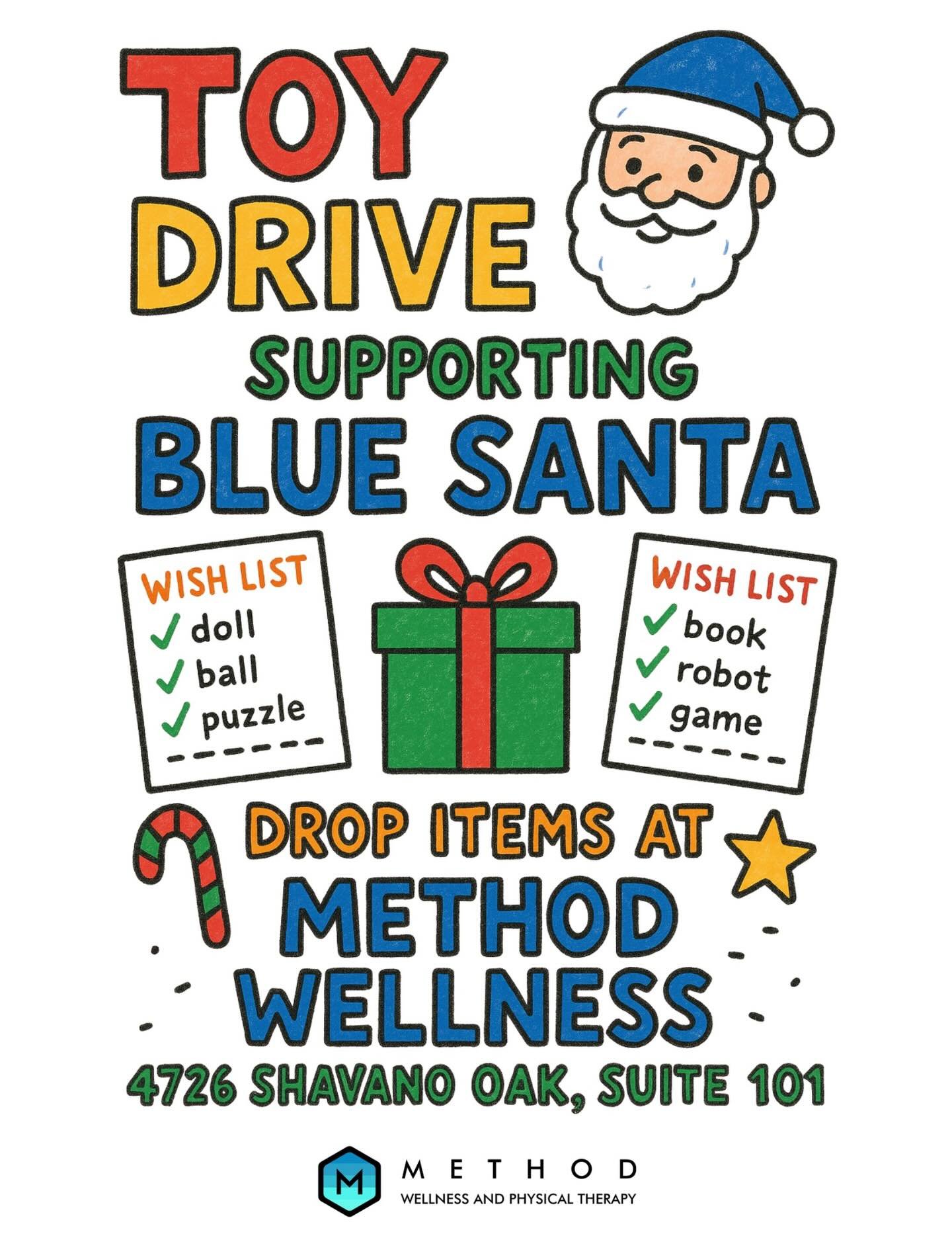 🎁 Join us in giving back this season!
 📍 Toy Drive for Blue Santa &mdash; Drop toys at Method Wellness (4726 Shavano Oak, Suite 101).
 📍 Dec 6 at Shavano Park Pavilion (900 Saddletree Ct.)
 9:00 AM &mdash; Walking Club
 10:00 AM &mdash; Give Back 