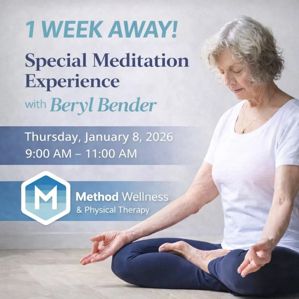 One week out.

In one week, we&rsquo;ll be hosting a two-hour meditation experience with Beryl Bender on Thursday, January 8, from 9&ndash;11am at Method Wellness.

Beryl brings over 50 years of experience in meditation, mindful movement, and the stu