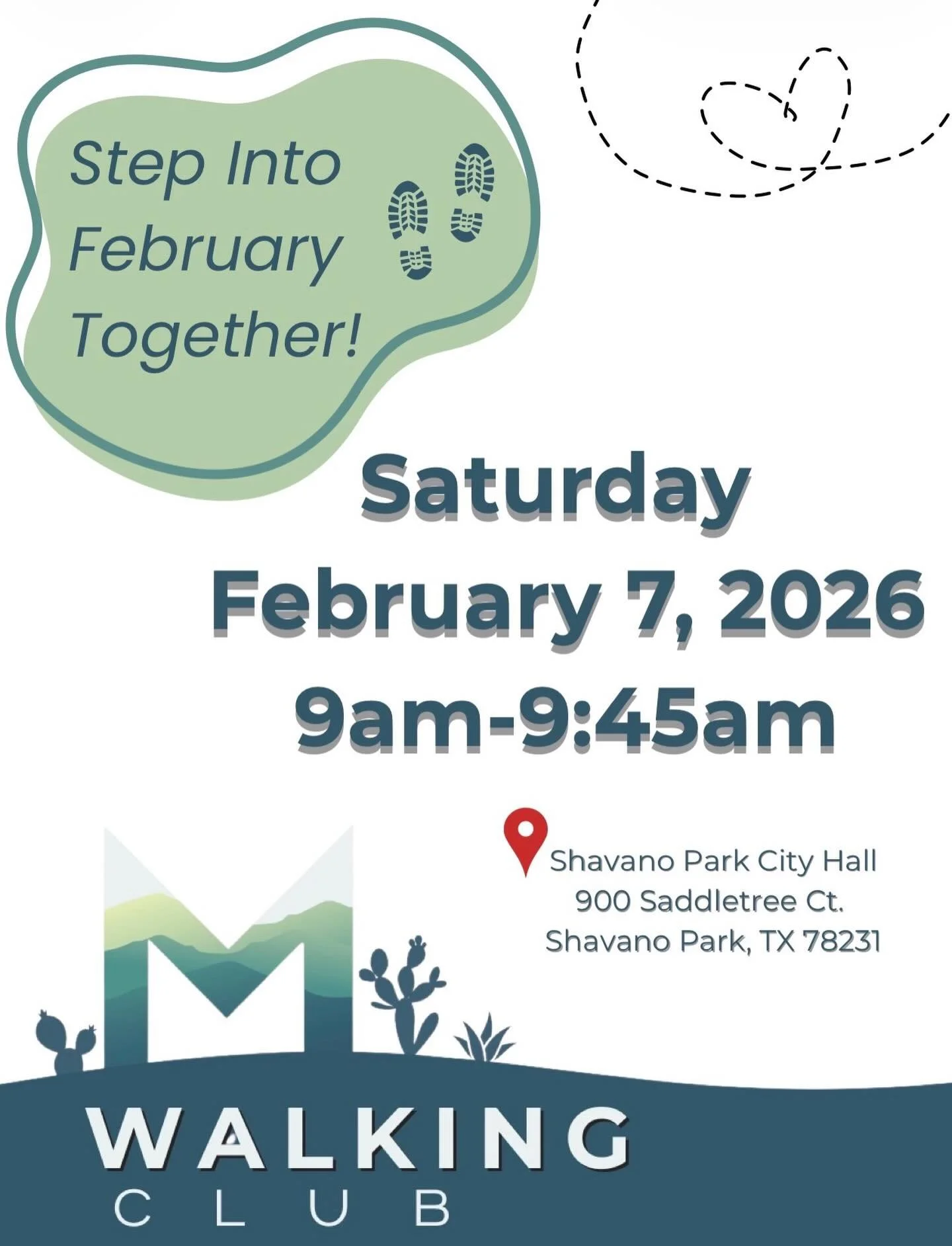 Step into February with us! 👟

Join the Walking Club on Saturday, February 7, 2026, from 9:00&ndash;9:45 AM at Shavano Park City Hall Pavilion Trail (900 Saddletree Ct.).

Dogs are welcome 🐾 Let&rsquo;s walk together!