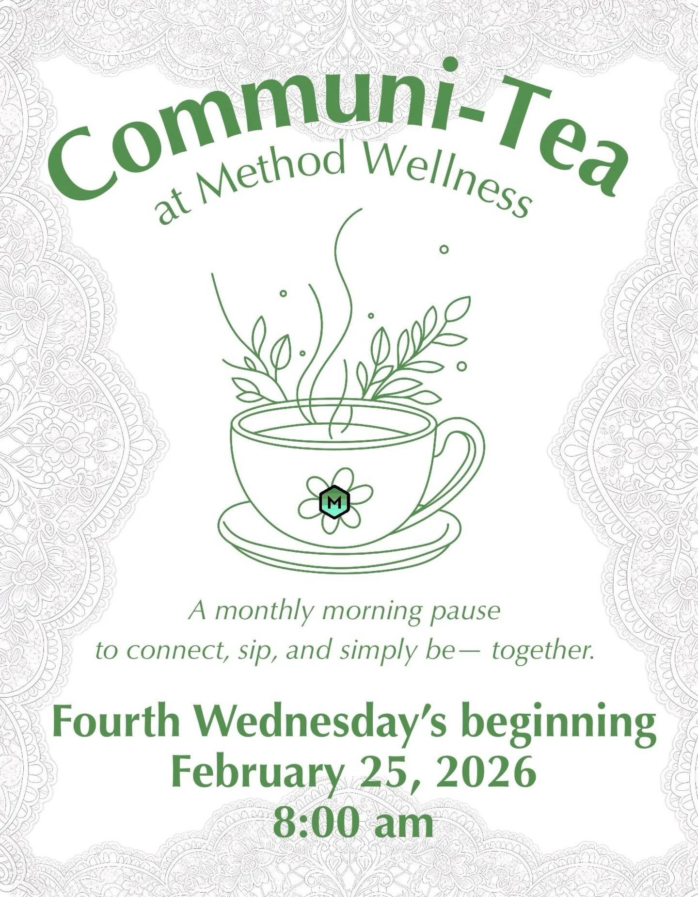 Join us for Communi-Tea this Wednesday, February 25 | 8&ndash;9 AM

Method Wellness &amp; Physical Therapy

4726 Shavano Oak, Suite 101
San Antonio, TX 78249

Start your morning with a relaxed, supportive conversation focused on pelvic health. Tea is