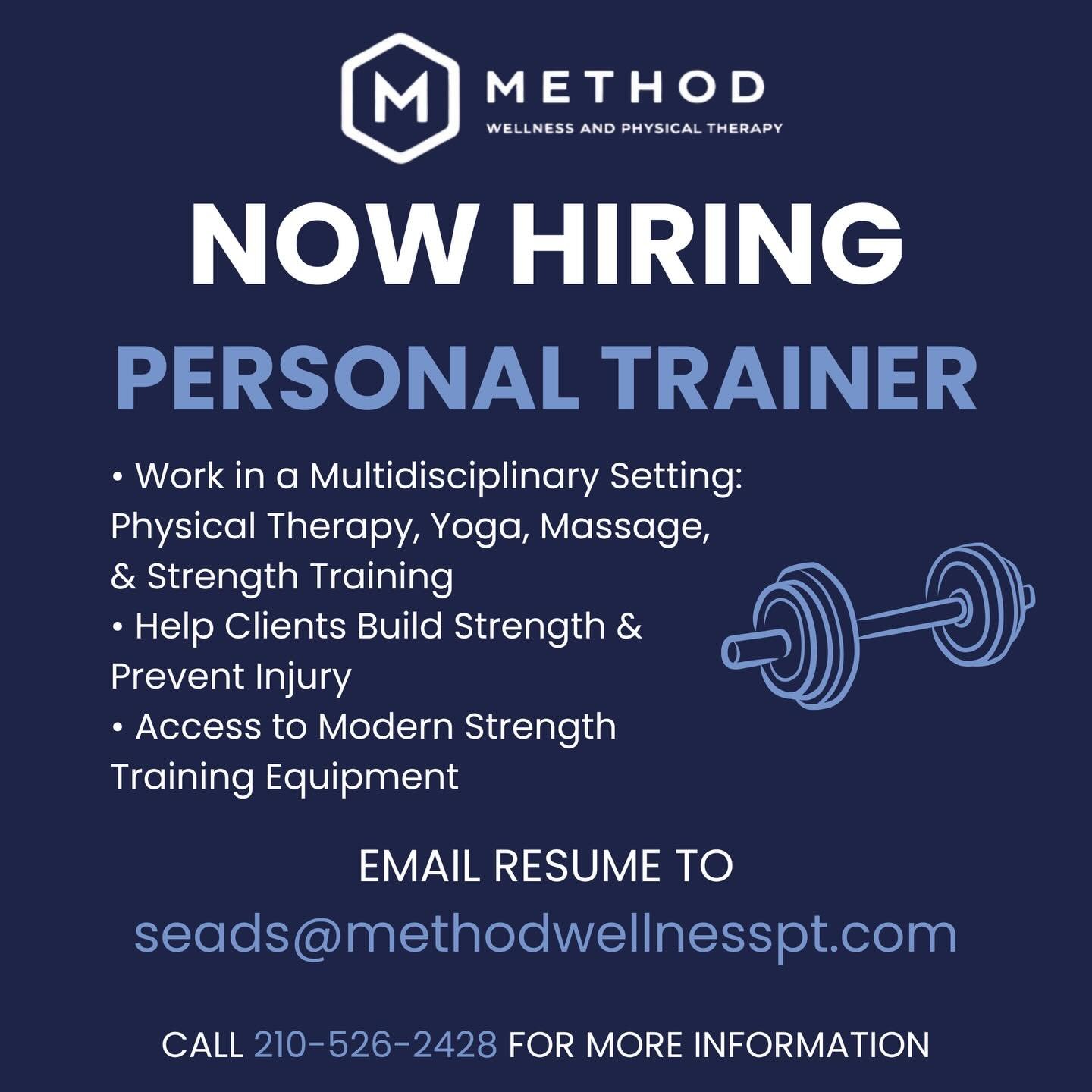 Now Hiring: Personal Trainer at Method Wellness &amp; Physical Therapy

Join our multidisciplinary team including physical therapy, yoga, massage, and strength training.

Help clients build strength, prevent injury, and train with modern equipment.

