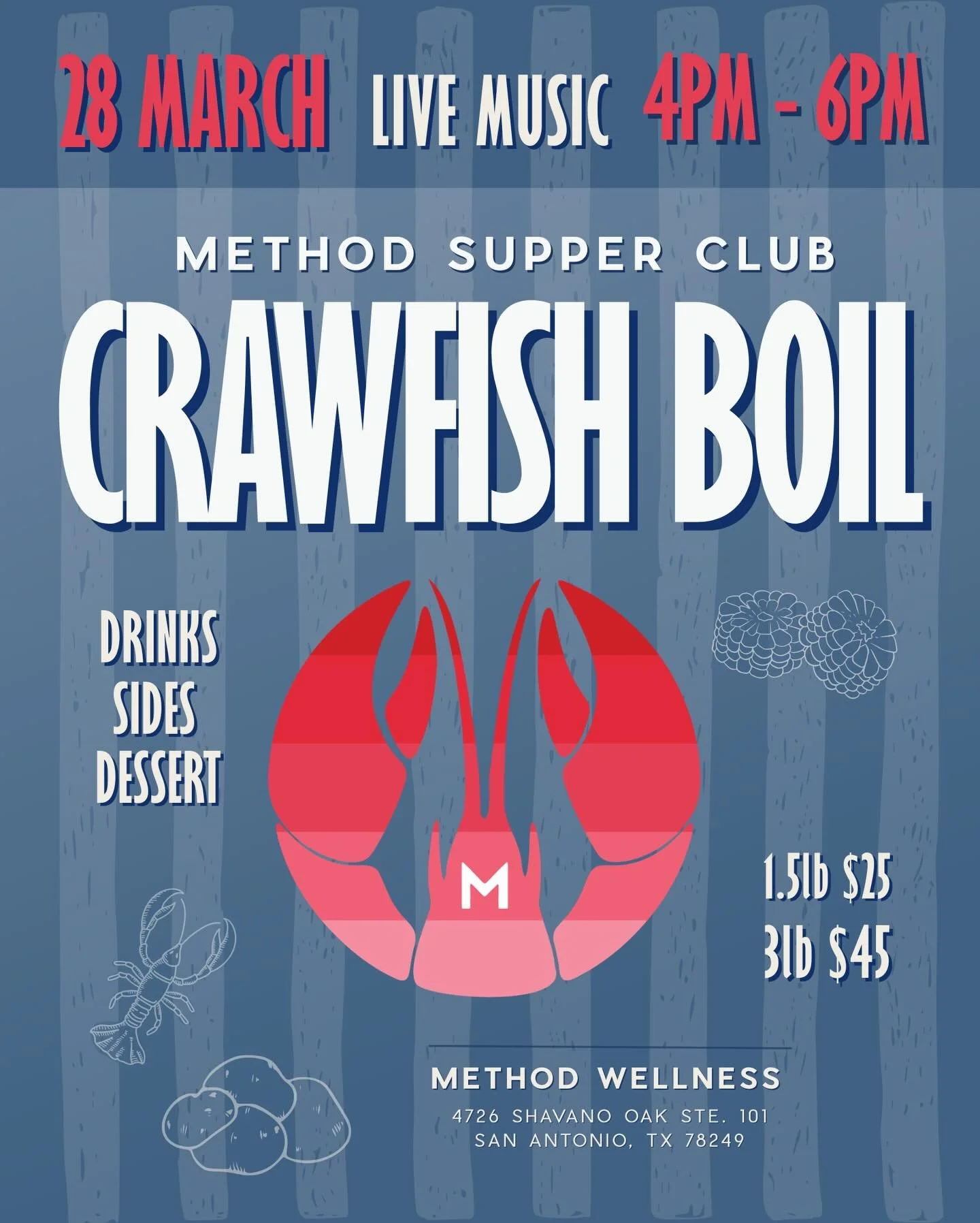 We&rsquo;re throwing a Crawfish Boil at Method Supper Club.

Saturday, March 28 | 4&ndash;6 PM Method Wellness &amp; Physical Therapy | 4726 Shavano Oak, Suite 101 

🔺Fresh, perfectly seasoned crawfish 🔺Live music 🔺Cold drinks 🔺Great company

Cho