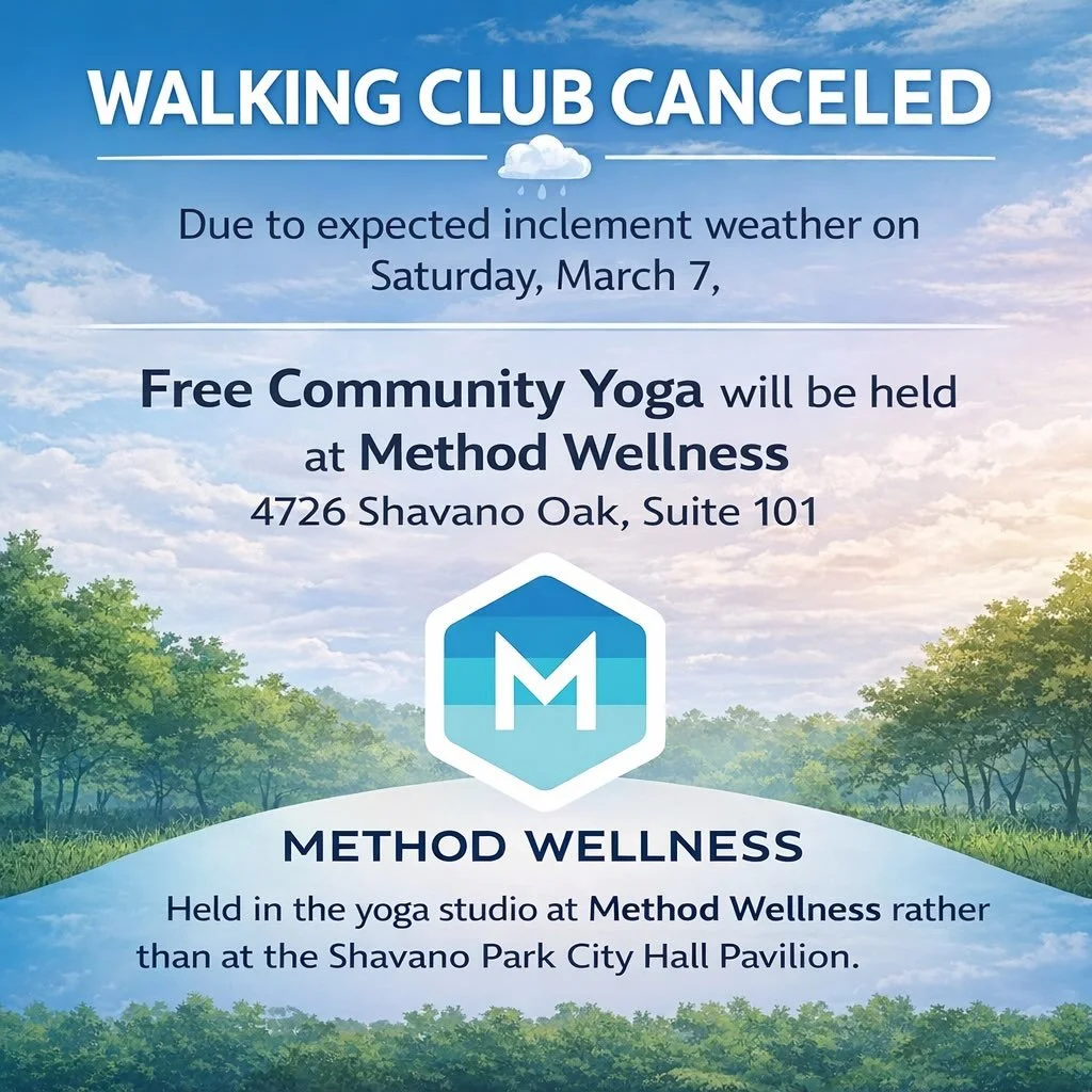 Due to expected inclement weather on Saturday, March 7, Walking Club is canceled. 

Free Community Yoga will be held indoors at Method Wellness (4726 Shavano Oak, Suite 101) instead of the Shavano Park City Hall Pavilion.

We hope to see you there!