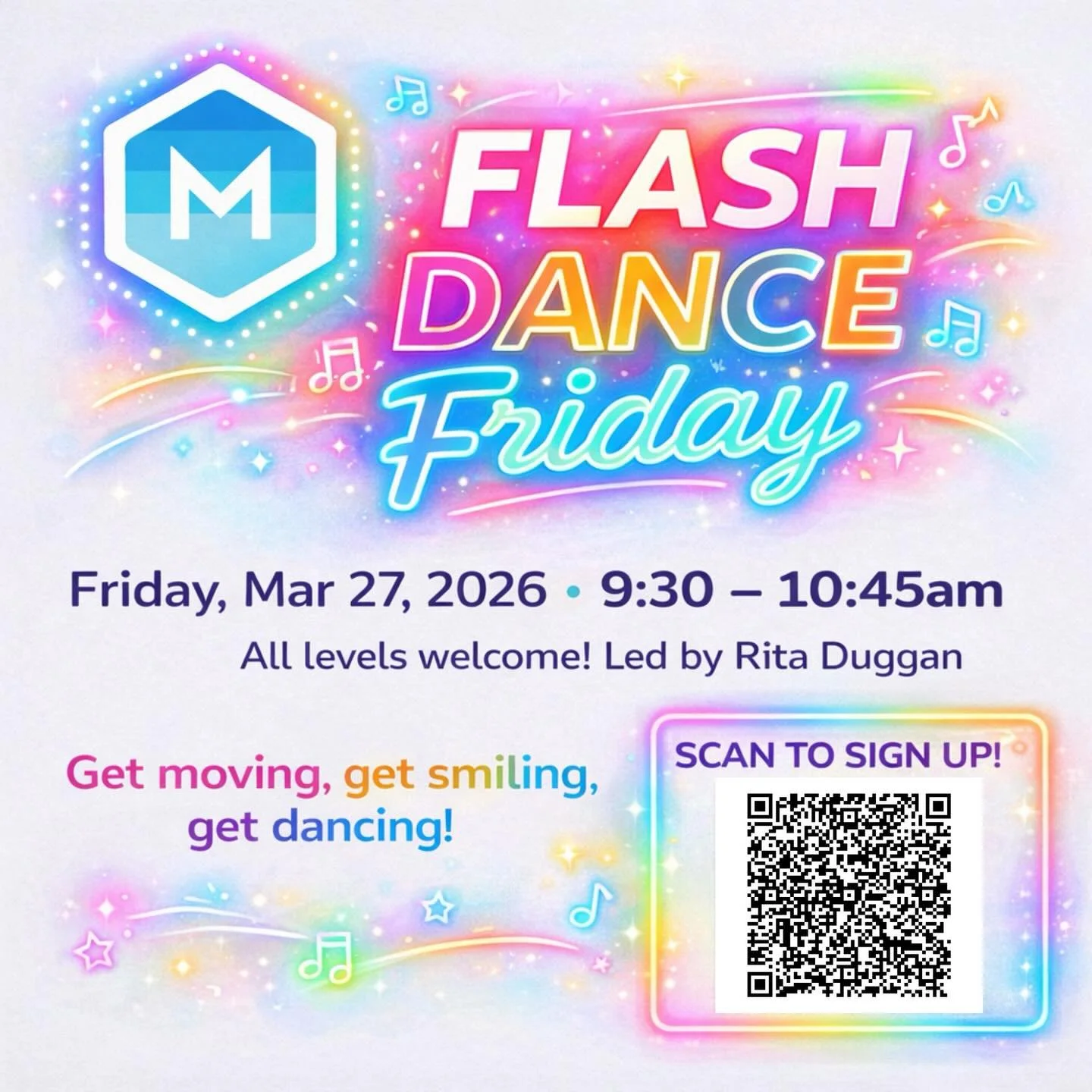 Flash Dance Friday is almost here! ✨

Join us this Friday, March 27 from 9:30 &ndash; 10:45 AM for a fun, upbeat, beginner-friendly dance session led by Rita Duggan. 

All levels welcome &ndash; just bring your energy and get ready to move, smile, an