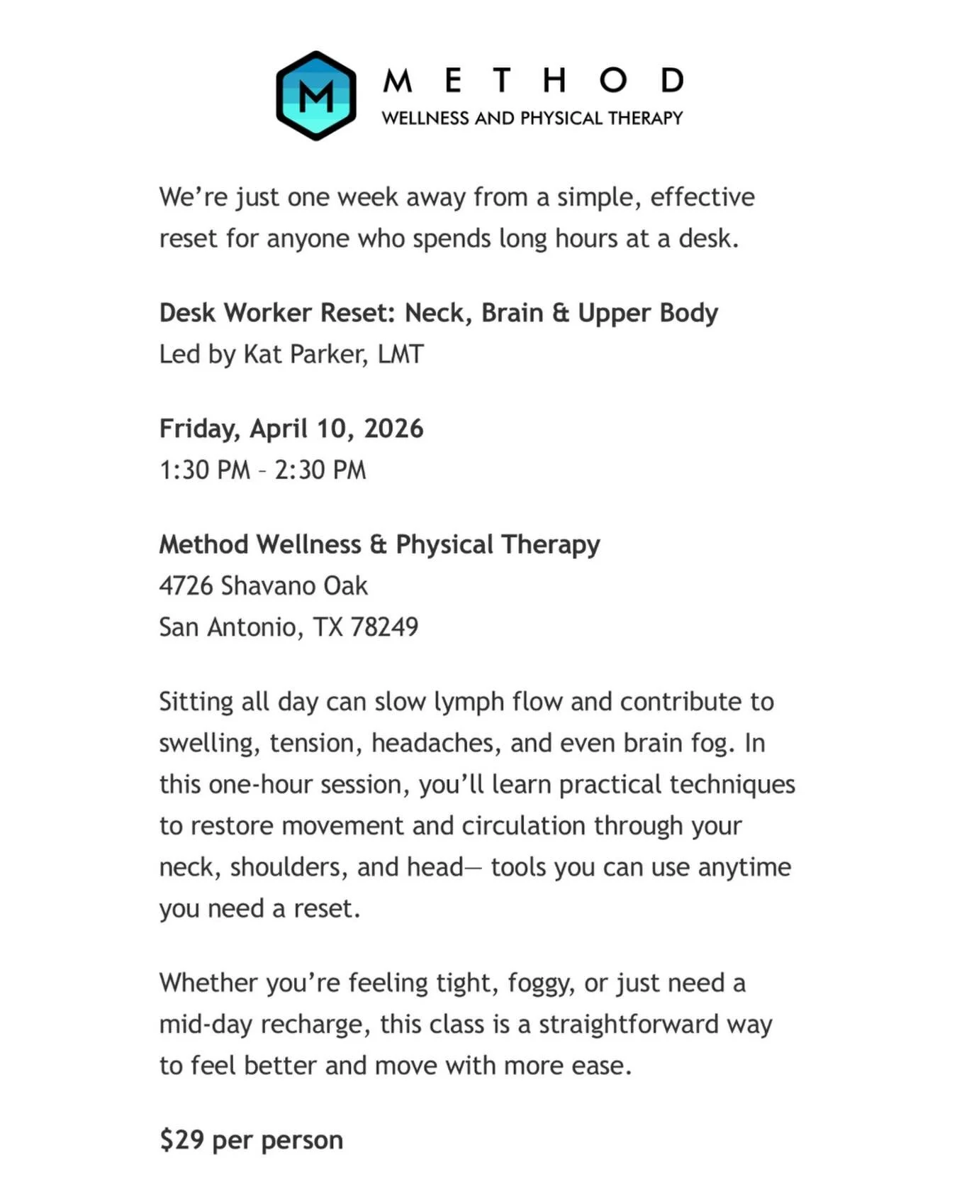 Desk workers, remote workers, and anyone feeling the effects of long hours sitting&mdash; you&rsquo;re one week away from a simple reset.

Feel better in your body and clear your mind&mdash; sign up at the link in bio.