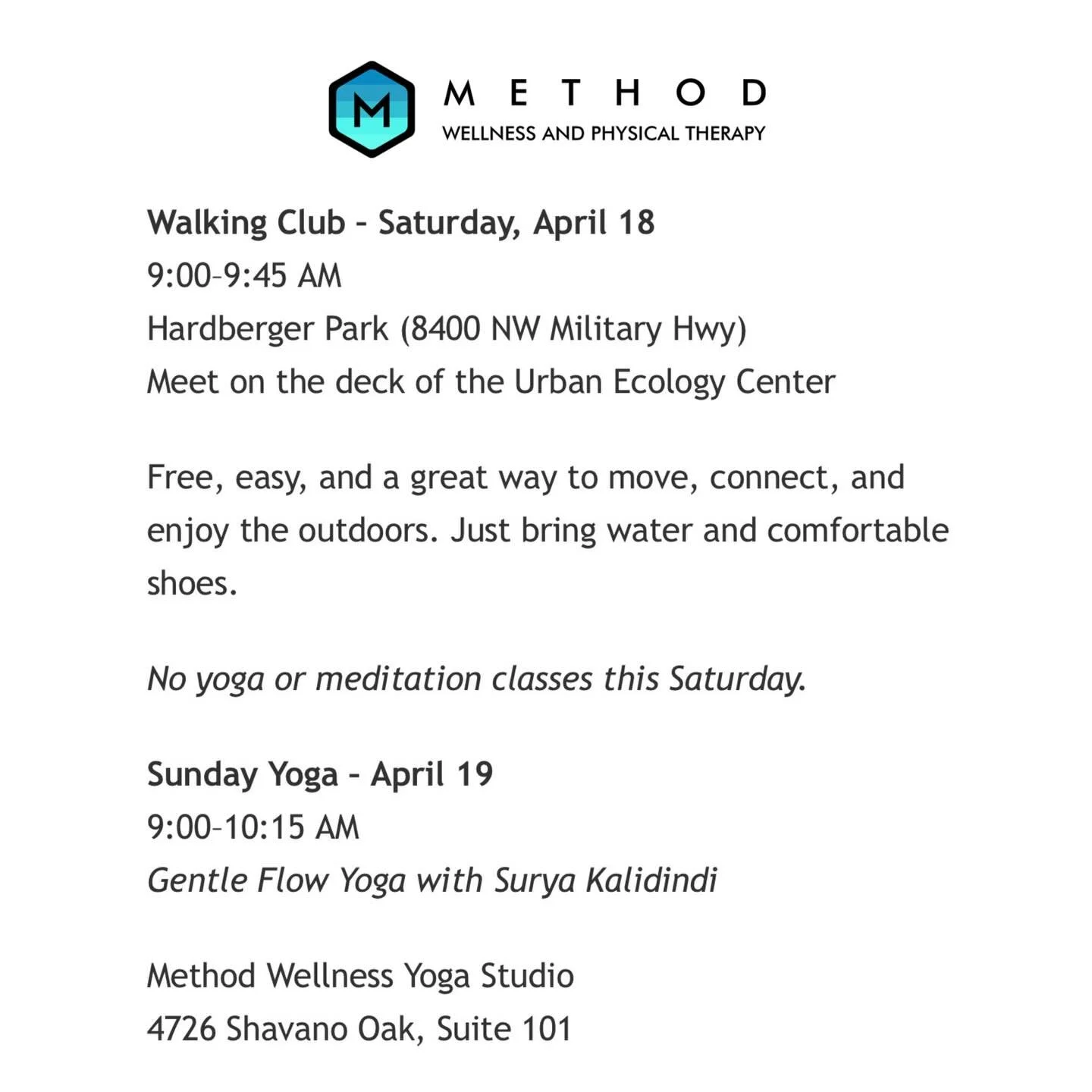 Walking Club Saturday, Gentle Flow Yoga Sunday

Join us this weekend!