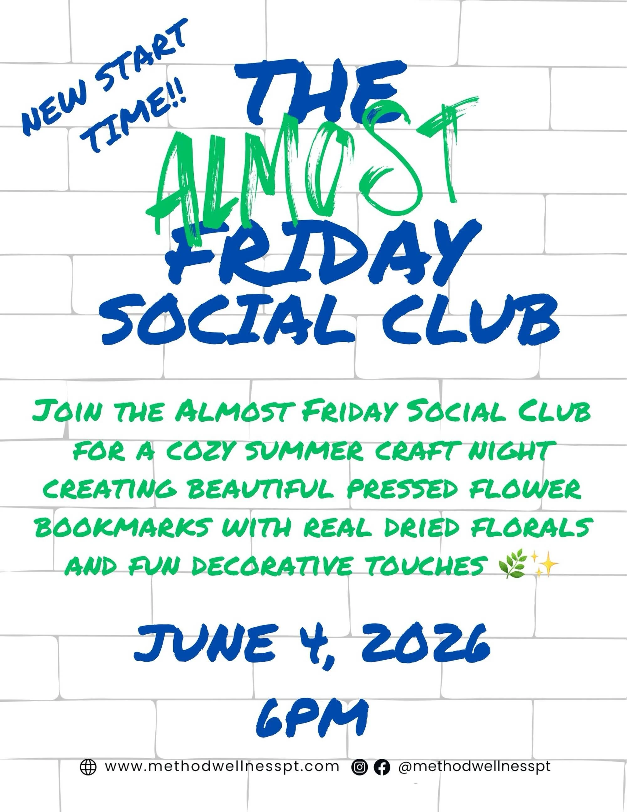 Join the Almost Friday Social Club for a cozy summer craft night, creating beautiful pressed flower bookmarks with real dried florals and fun decorative touches.

Free to participate + supplies, drinks &amp; snacks provided.

Thursday, June 4 at 6 pm