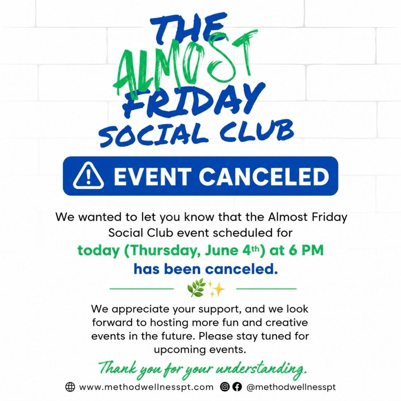 Important Update: Tonight&rsquo;s Almost Friday Social Club (Thursday, June 4 at 6 PM) has been canceled.

Thank you for your support and understanding. We look forward to hosting more fun and creative events soon!
