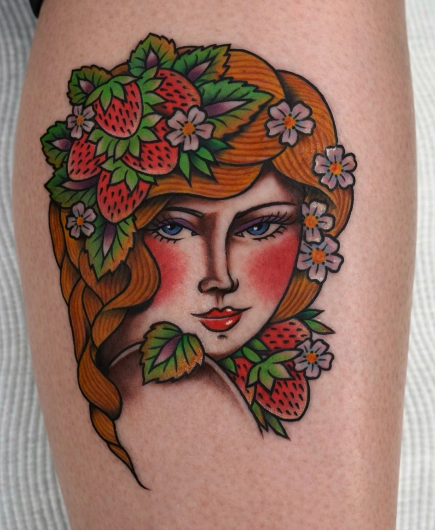 Strawberry gal for Susie.  Done at @shipshapetattoo