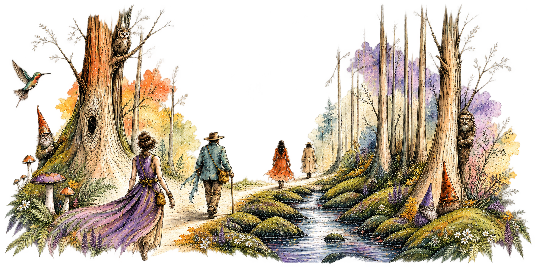 Forest Tuning artwork showing participants among redwoods in a guided forest experience.