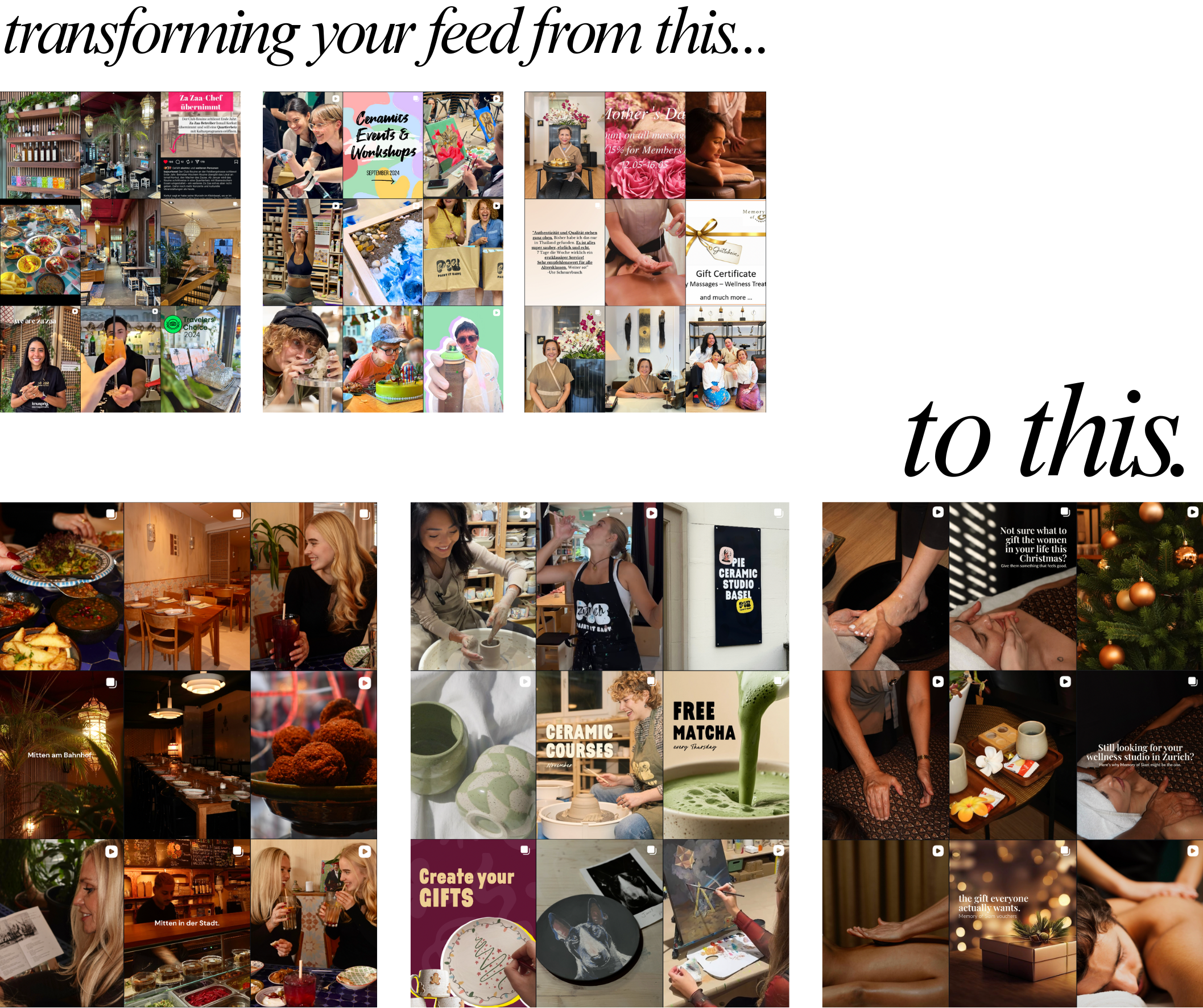 Collage of images showcasing various events, workshops, food, people enjoying spa treatments, celebrations, and creative activities.