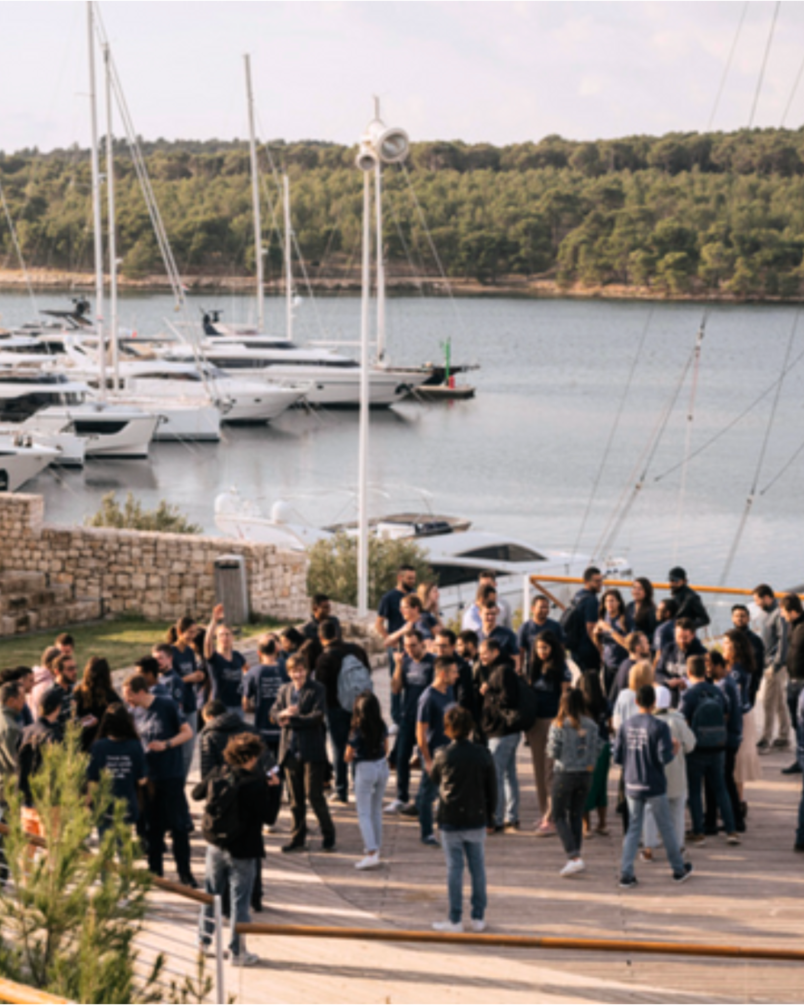 A group of people gathered outdoors near a marina with boats docked in the water, and green hills in the background.