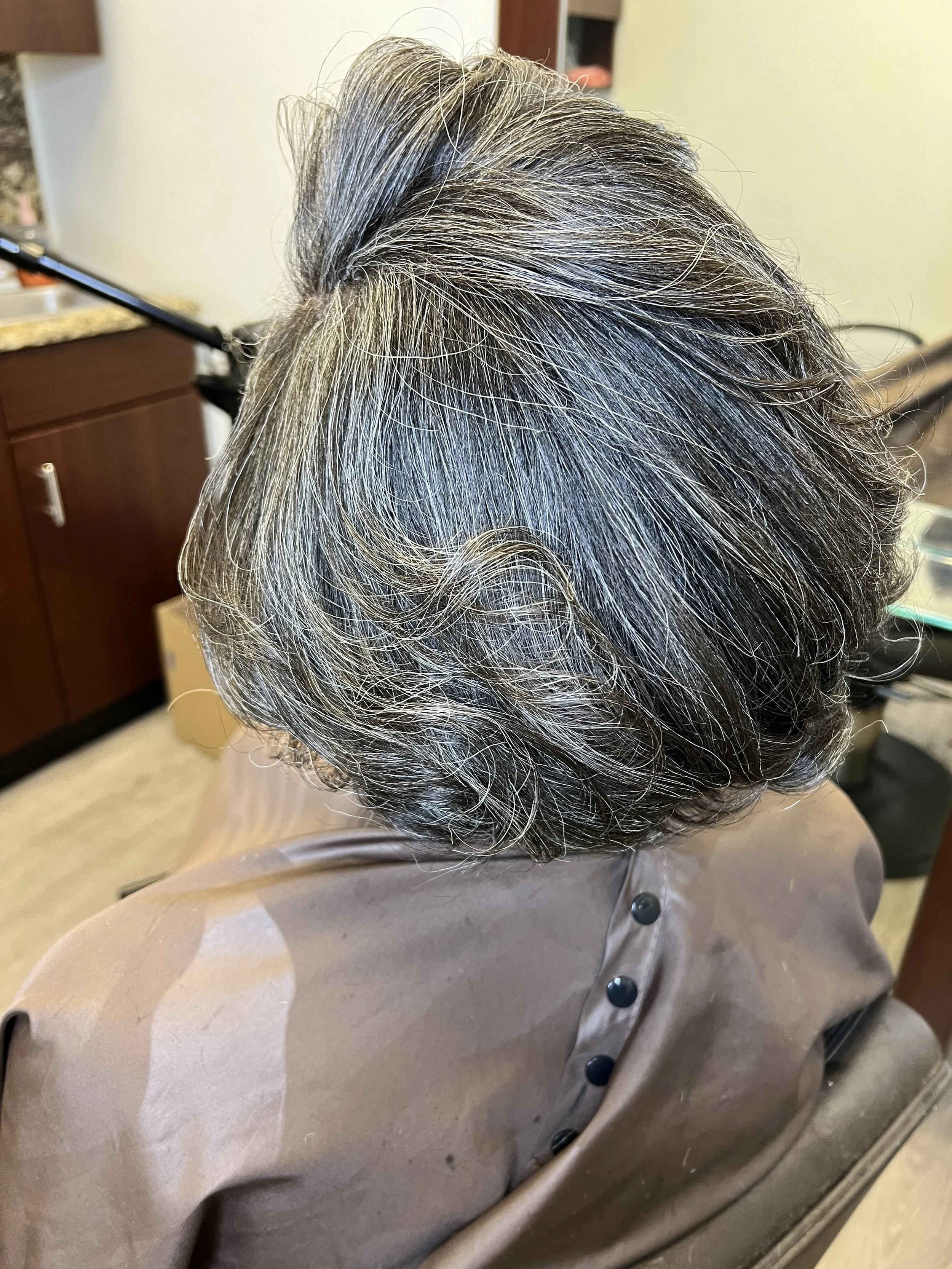 Back view of an older woman's head showing short, curly, gray hair with white highlights, sitting in a salon chair with a brown cape.