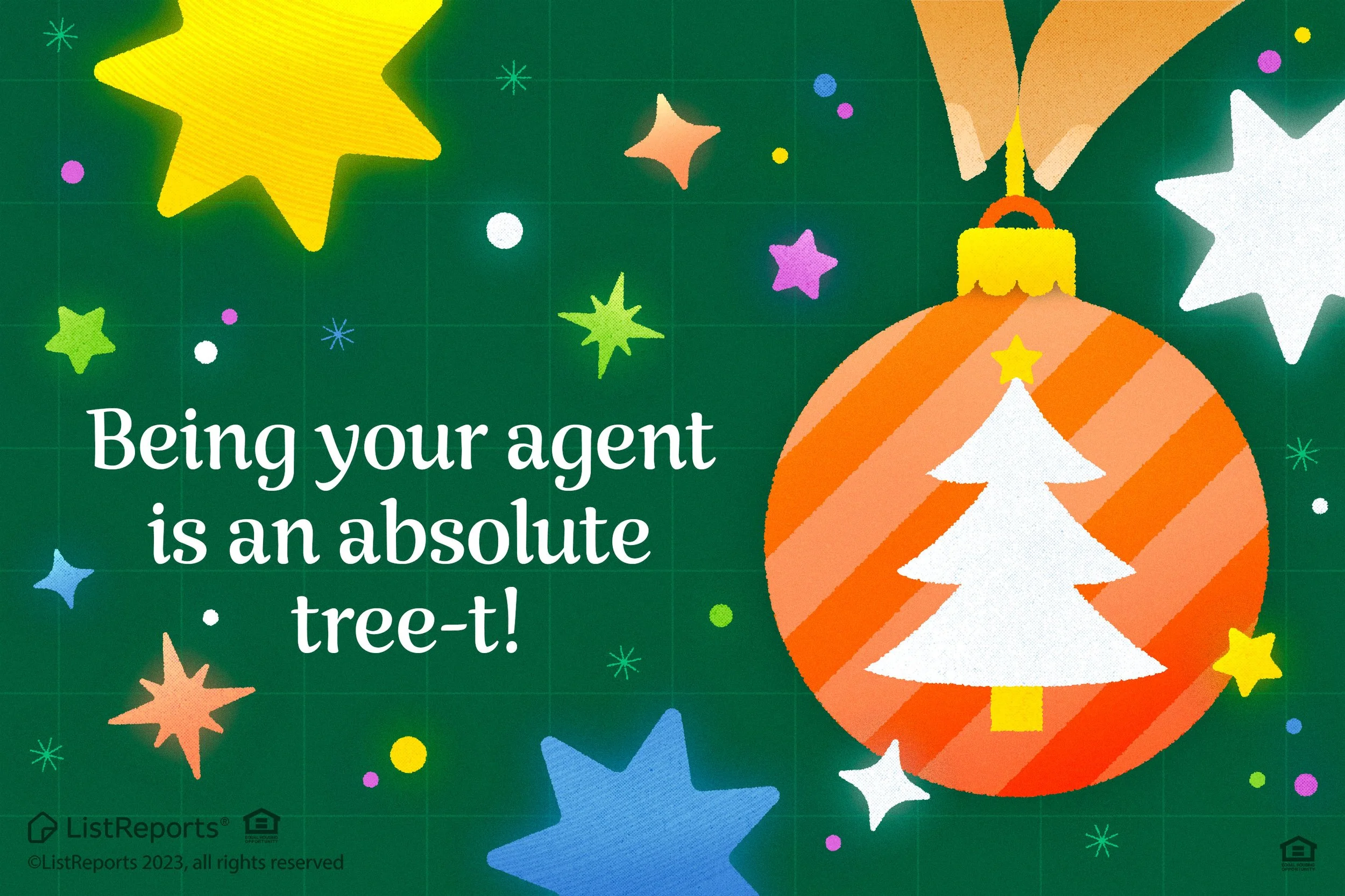 Colorful holiday-themed illustration featuring stars, a gift box with a Christmas tree, and a festive background, with a partial quote about being an agent and a tree.
