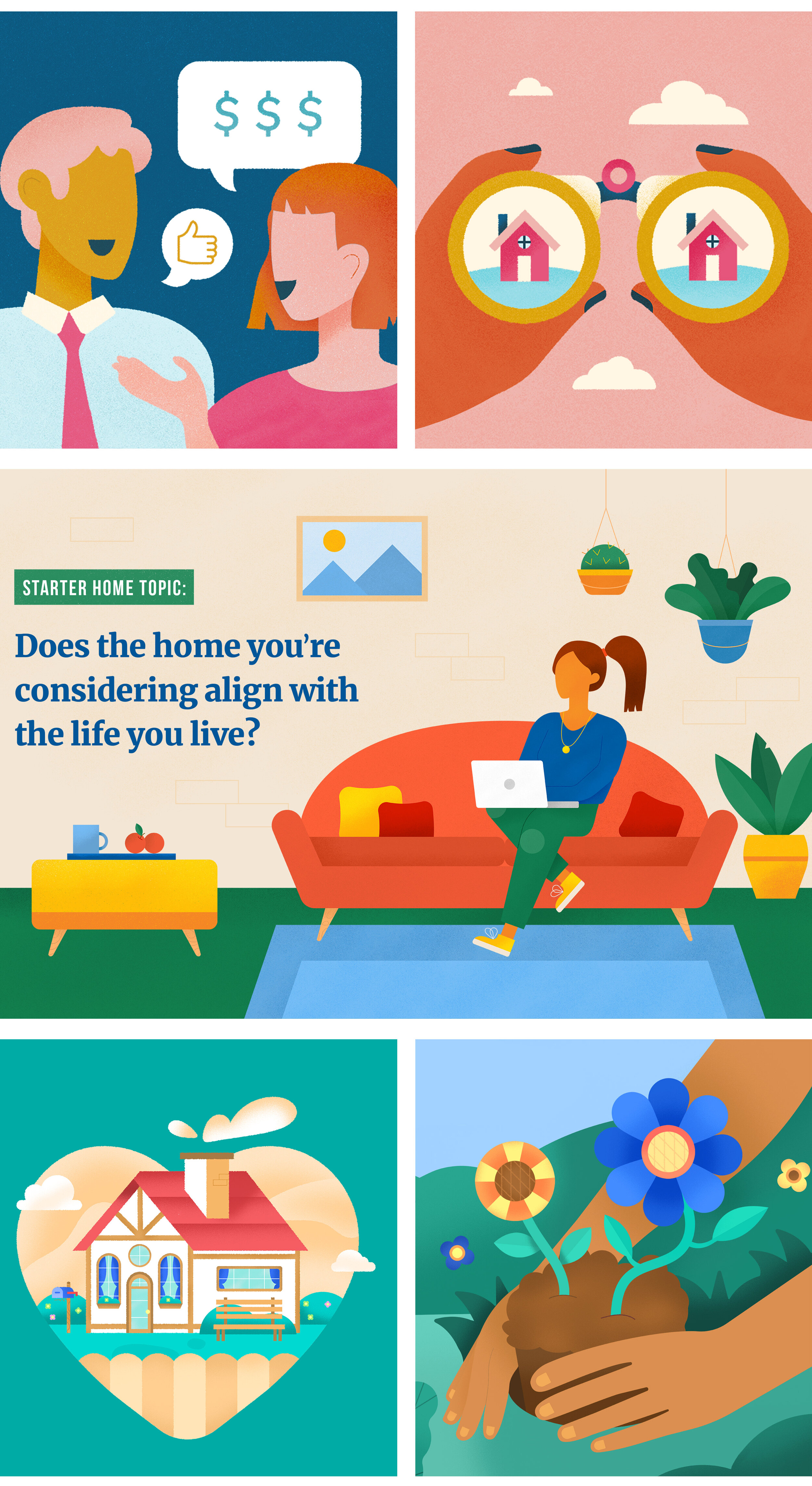 A graphic with three sections: a conversation about money, a person looking through binoculars at houses, and a woman sitting on a couch with a laptop surrounded by plants. The main text asks if the home you are considering aligns with the life you l