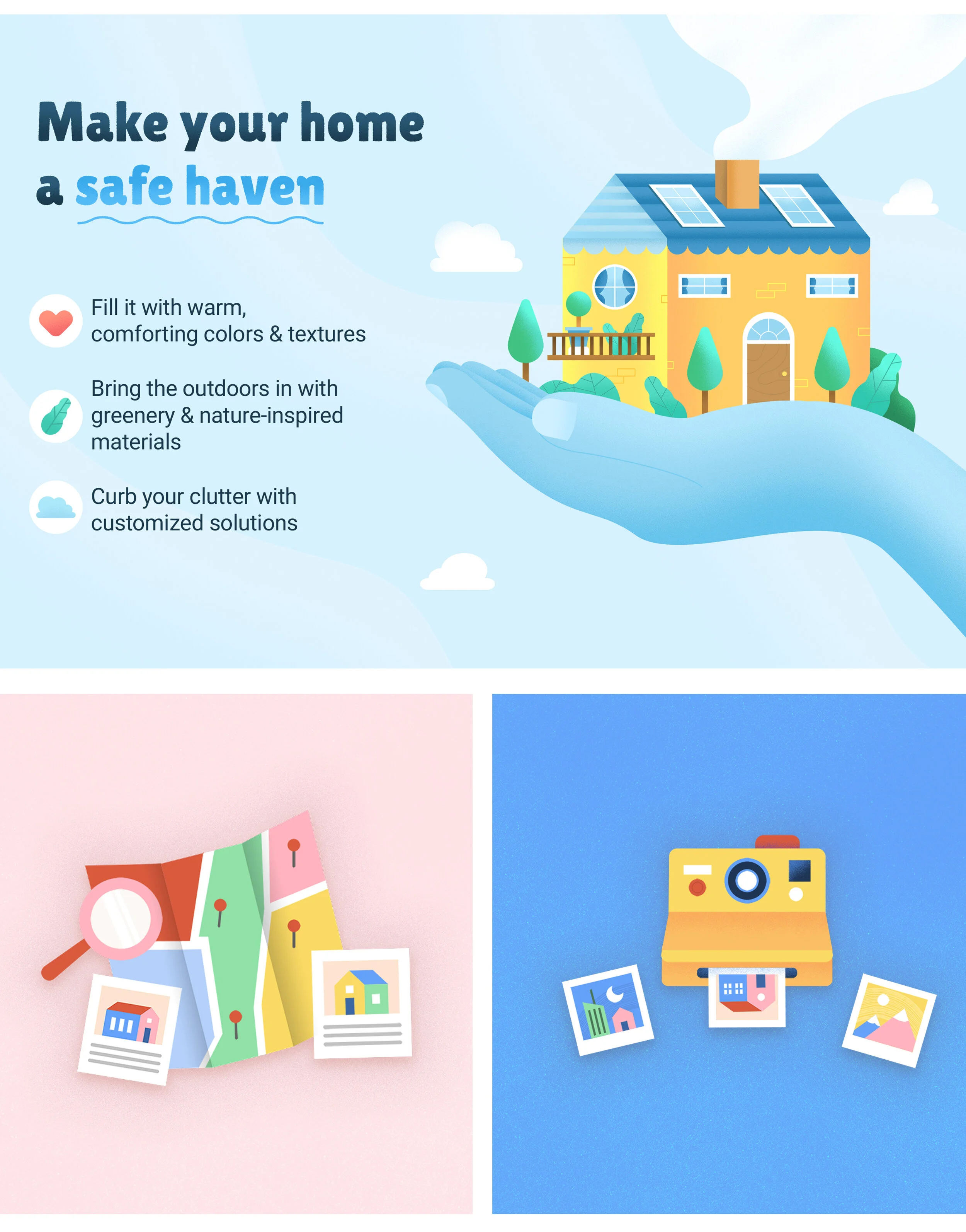 Advertisement promoting making your home a safe haven, featuring an illustrated house held in a hand, with tips to fill it with warm colors, bring outdoors in with greenery, and curb clutter with solutions.