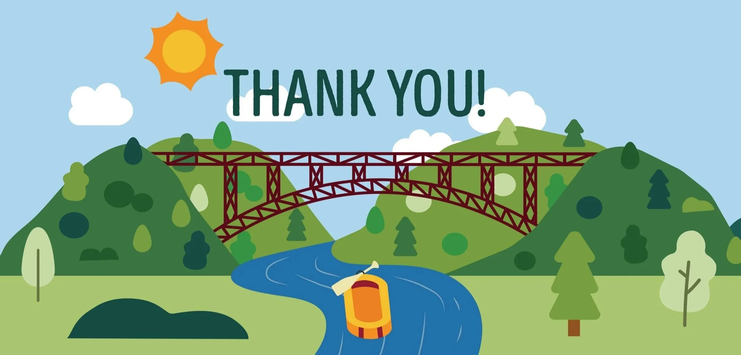 Mountain Moves thank-you graphic featuring a raft on the river beneath West Virginia’s New River Gorge Bridge.