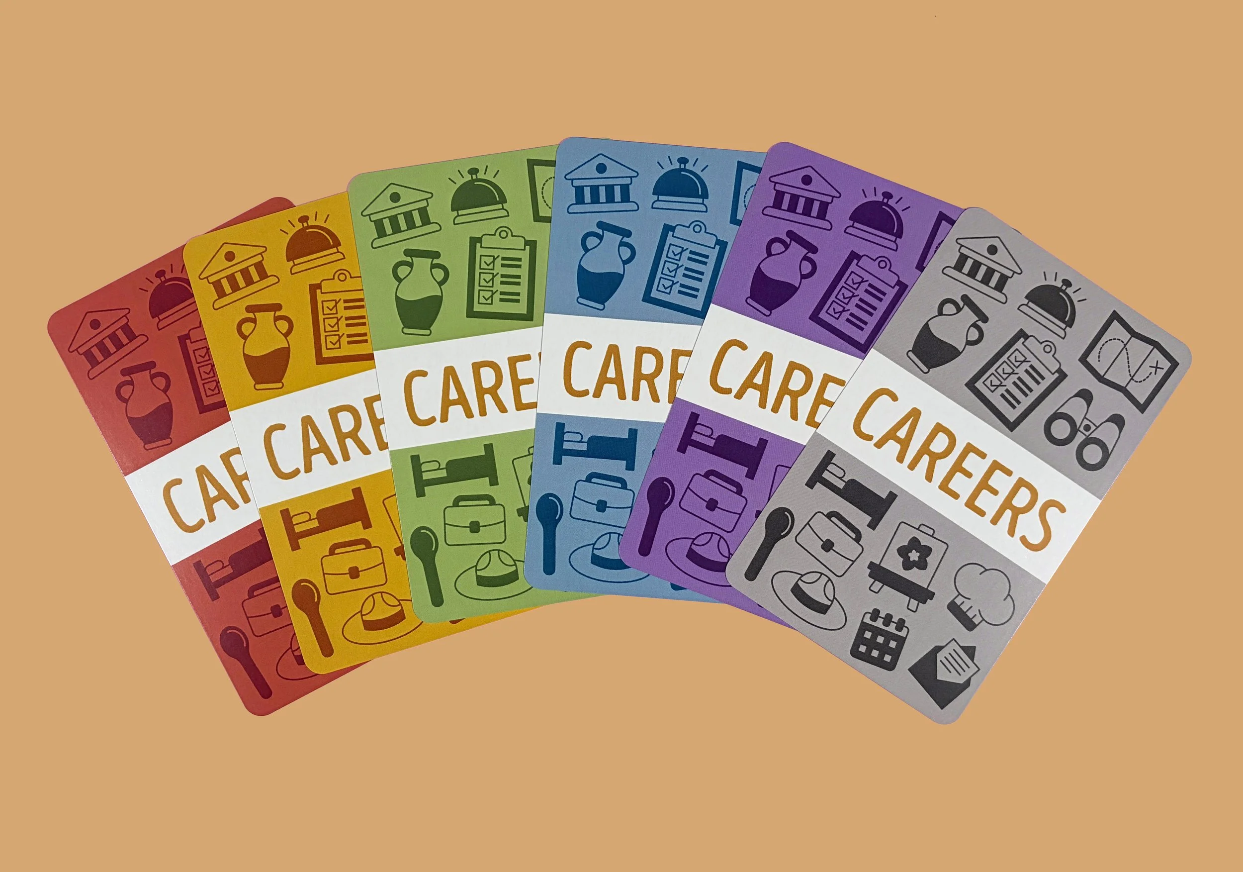 A set of six color-coded care cards, including red, yellow, green, blue, purple, and gray, each with icons related to healthcare and caregiving.