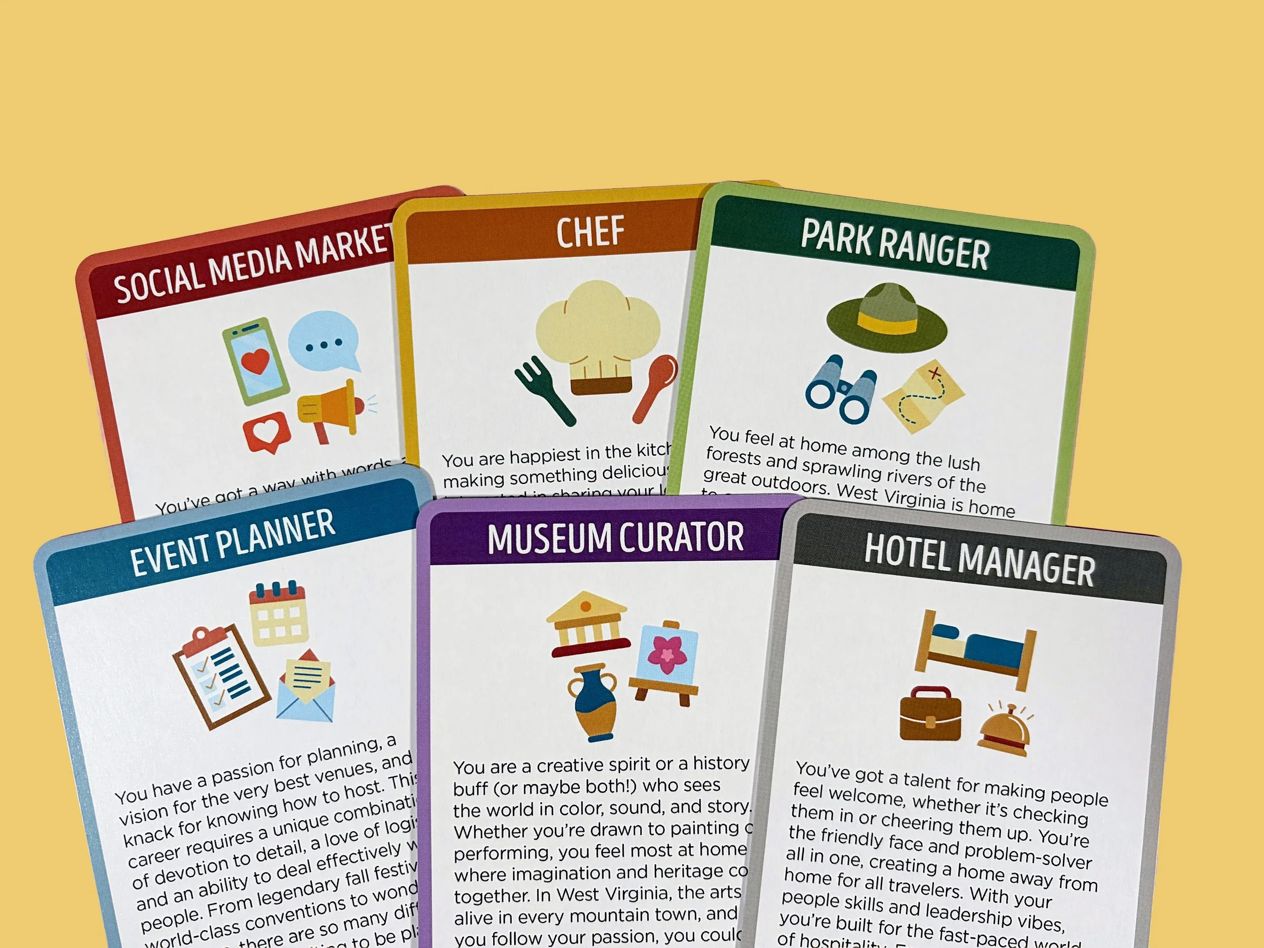 Six illustrated Mountain Moves career cards featuring a social media marketer, chef, park ranger, event planner, museum curator, and hotel manager.