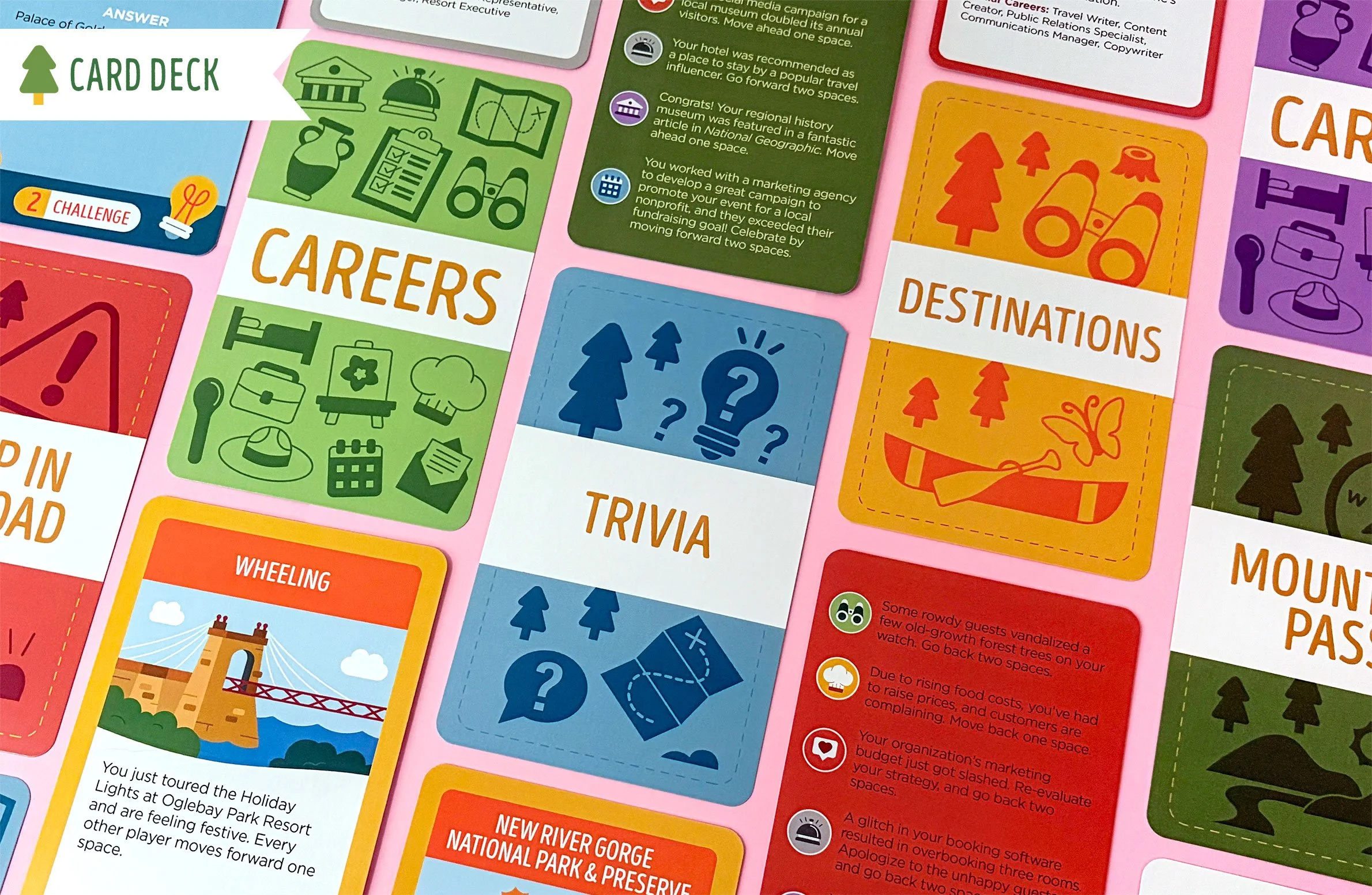 Close-up of colorful cards on a board, featuring sections titled 'Card Deck' and 'Careers,' with icons and text related to travel, nature, and trivia games.