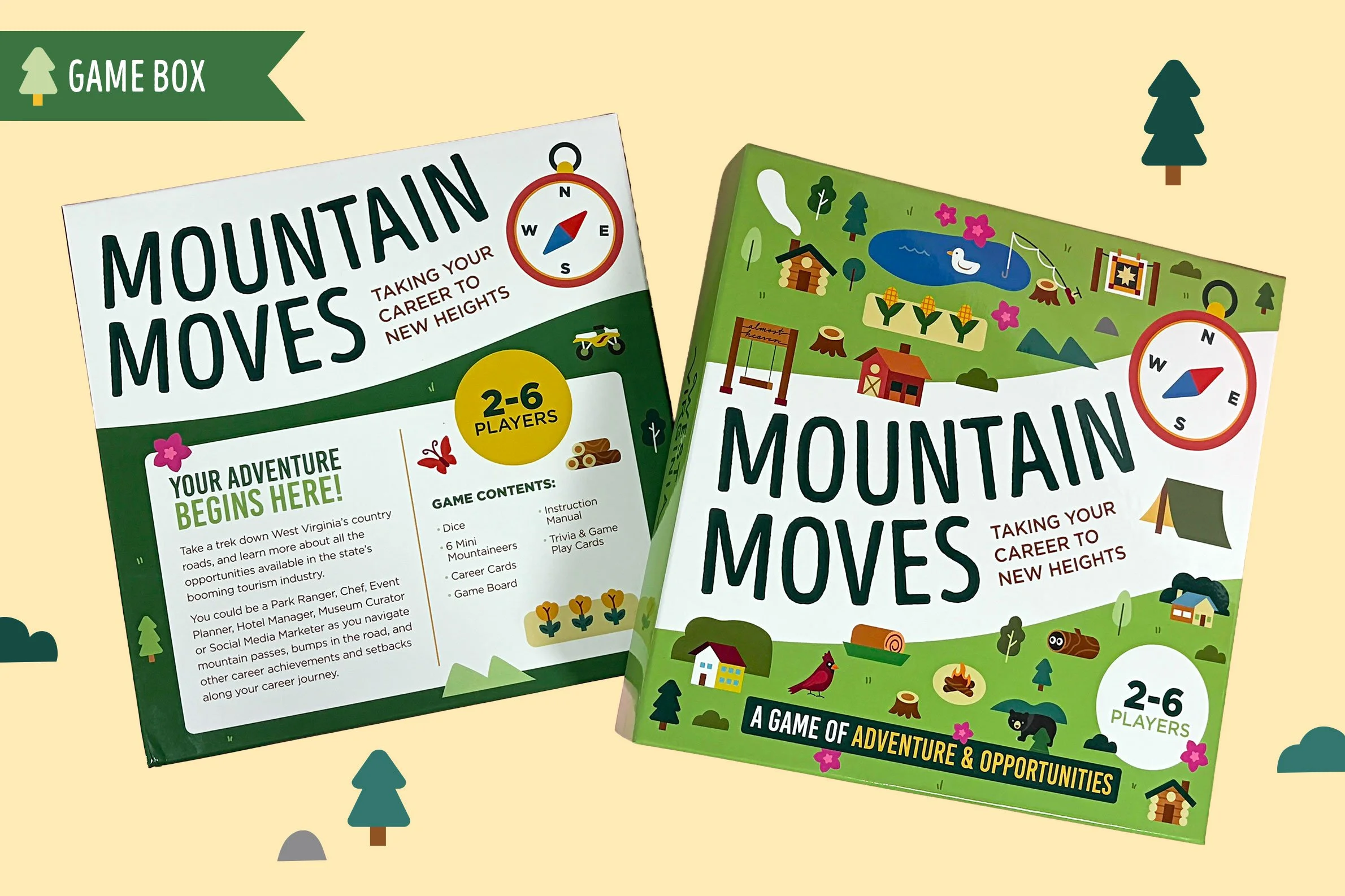 Two adventure board game boxes titled "Mountain Moves" with mountain and nature illustrations, including trees, lakes, and animals, designed for 2-6 players, promoting outdoor exploration and personal growth.