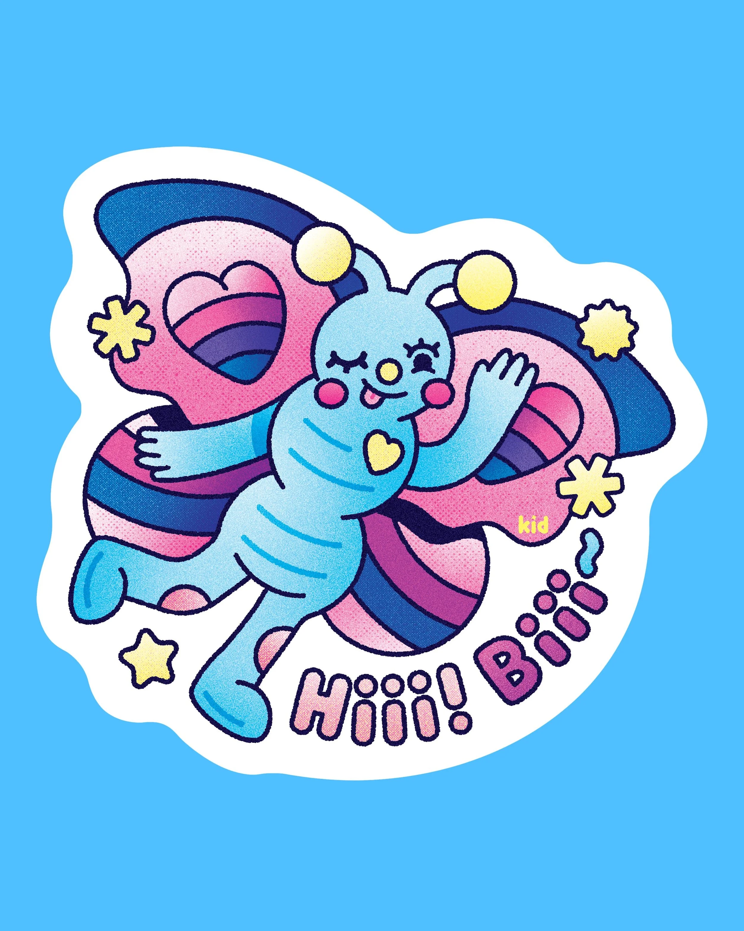 A colorful illustration of a blue dinosaur hugging a pink rainbow with hearts and stars around, and the words 'HUGS HUB' written below.