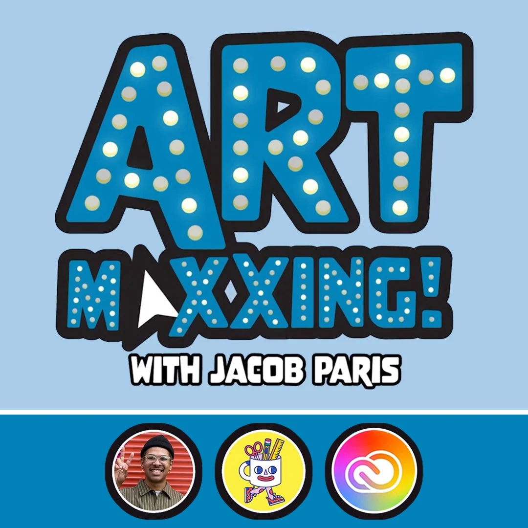Title graphic saying "Art &Mxxing! with Jacob Paris" with decorative buttons at the bottom, including a photo of Jacob Paris, a cartoon cup with art supplies, and a colorful infinity symbol.