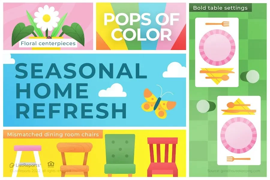 A colorful infographic titled 'Seasonal Home Refresh' with sections about floral centerpieces, pops of color, bold table settings, and mismatched dining chairs, featuring illustrations of a flower, butterfly, dinner plate, utensils, and garden chairs.