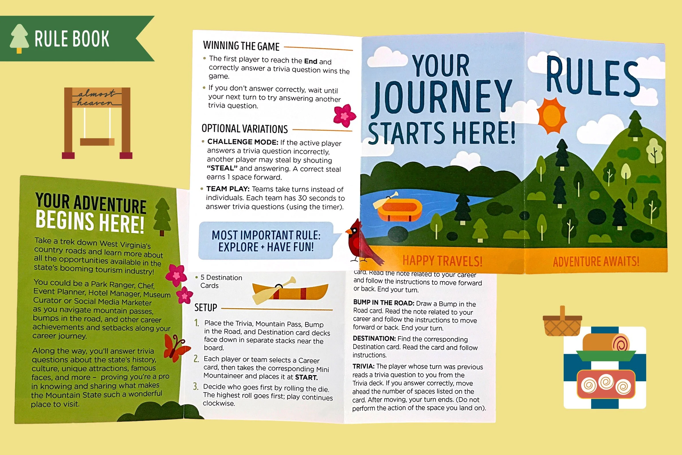 Illustrated open rule book for a journey game, with scenic outdoor background including mountains, trees, clouds, and a river. It features sections titled 'Your Adventure Begins Here' and 'Your Journey Starts Here' with colorful graphics of a bird an