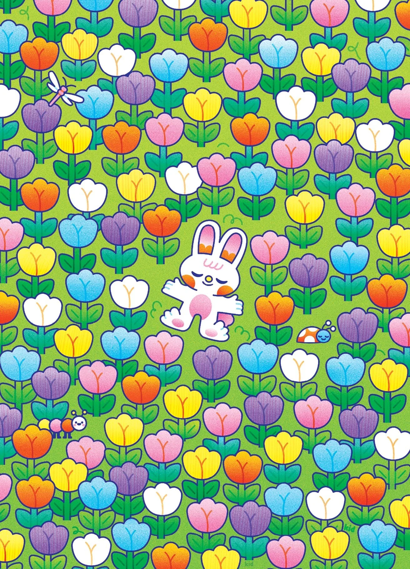 White rabbit hugging itself in a field of colorful flowers, with tiny insects and a snail nearby.