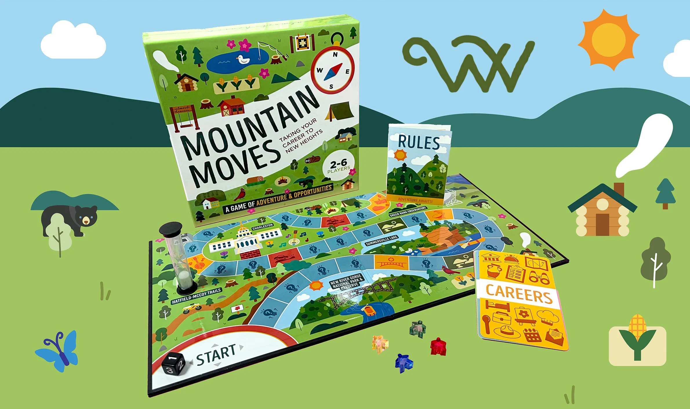 A colorful board game called 'Mountain Moves' set outdoors on a grassy field, with game pieces, a rule book, and a careers card pack, featuring illustrations of nature and adventure.