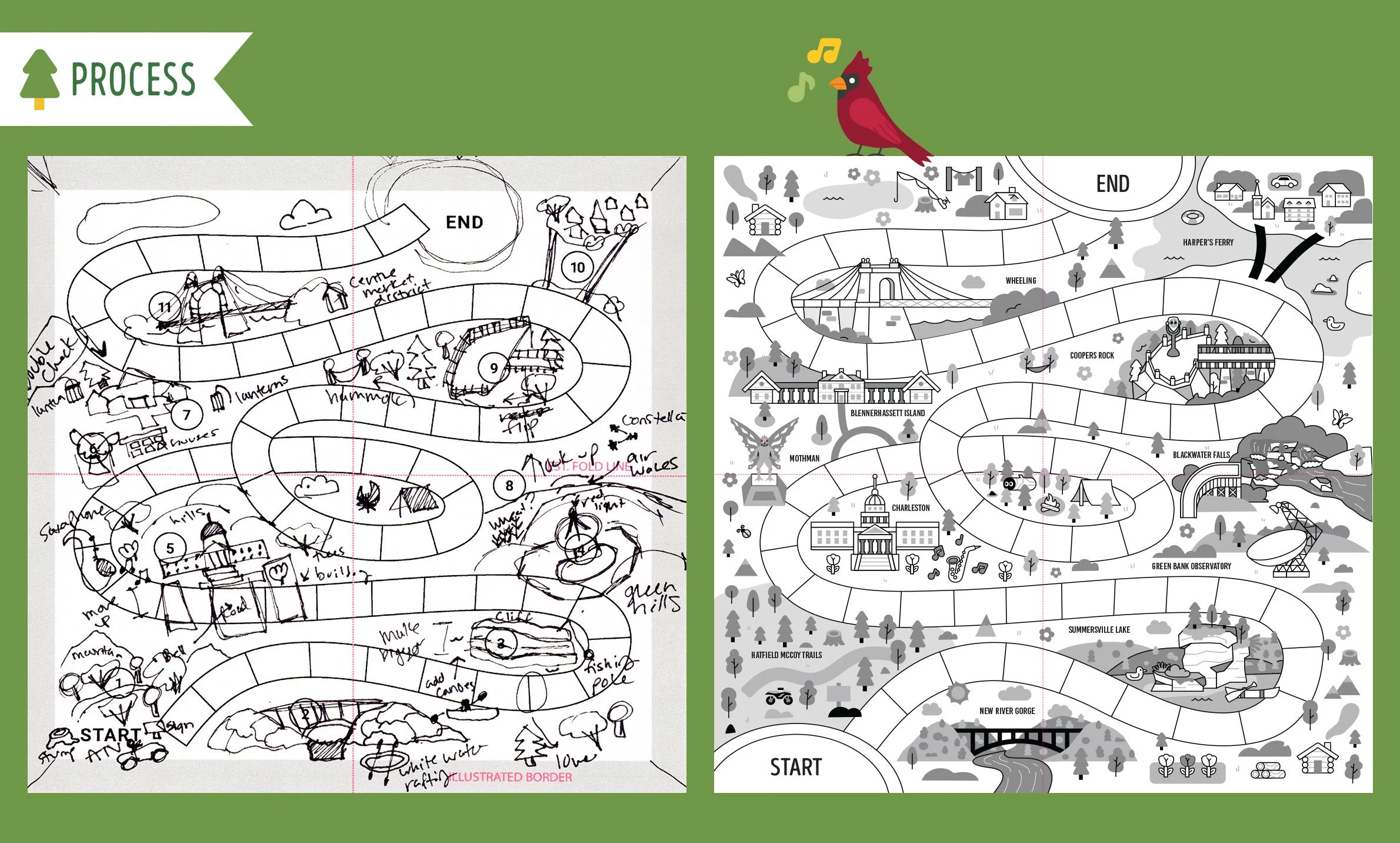 Two illustrated maps of a park or nature trail with various landmarks and paths, one with hand-drawn notes and the other detailed with icons, trees, water features, bridges, buildings, and labeled points of interest. The maps are formatted as winding