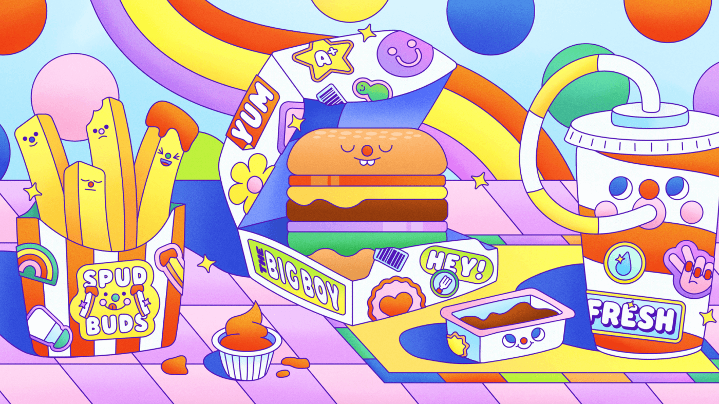 Colorful cartoon-style drawing of fast food items with smiling faces, including fries, a burger, a juice box, a drink with a straw, and dipping sauce, against a pastel rainbow background.
