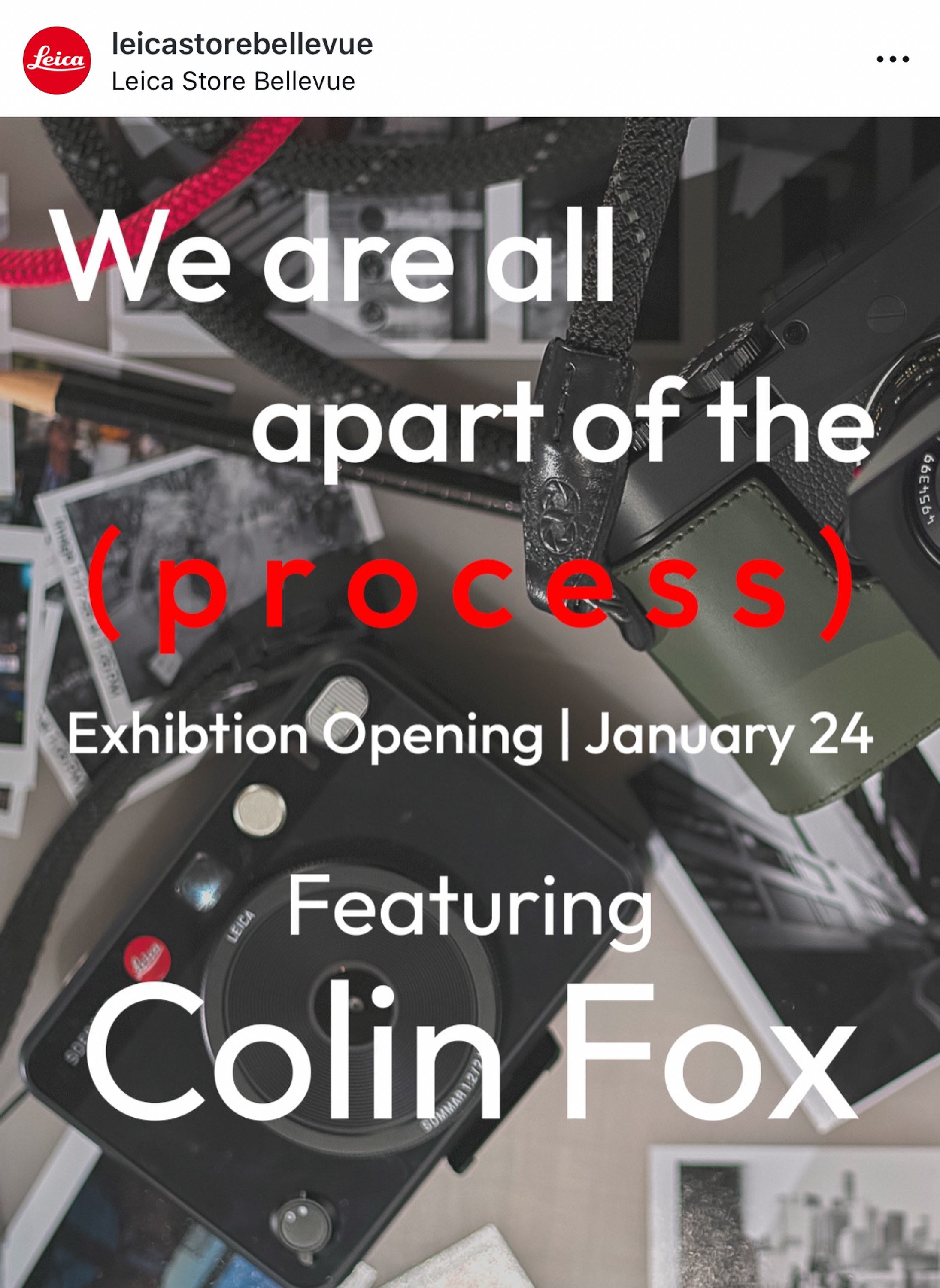 An advertisement for an exhibition opening on January 24 at Leica Store Bellevue, featuring photographer Colin Fox. The background shows a Leica camera and photographs.