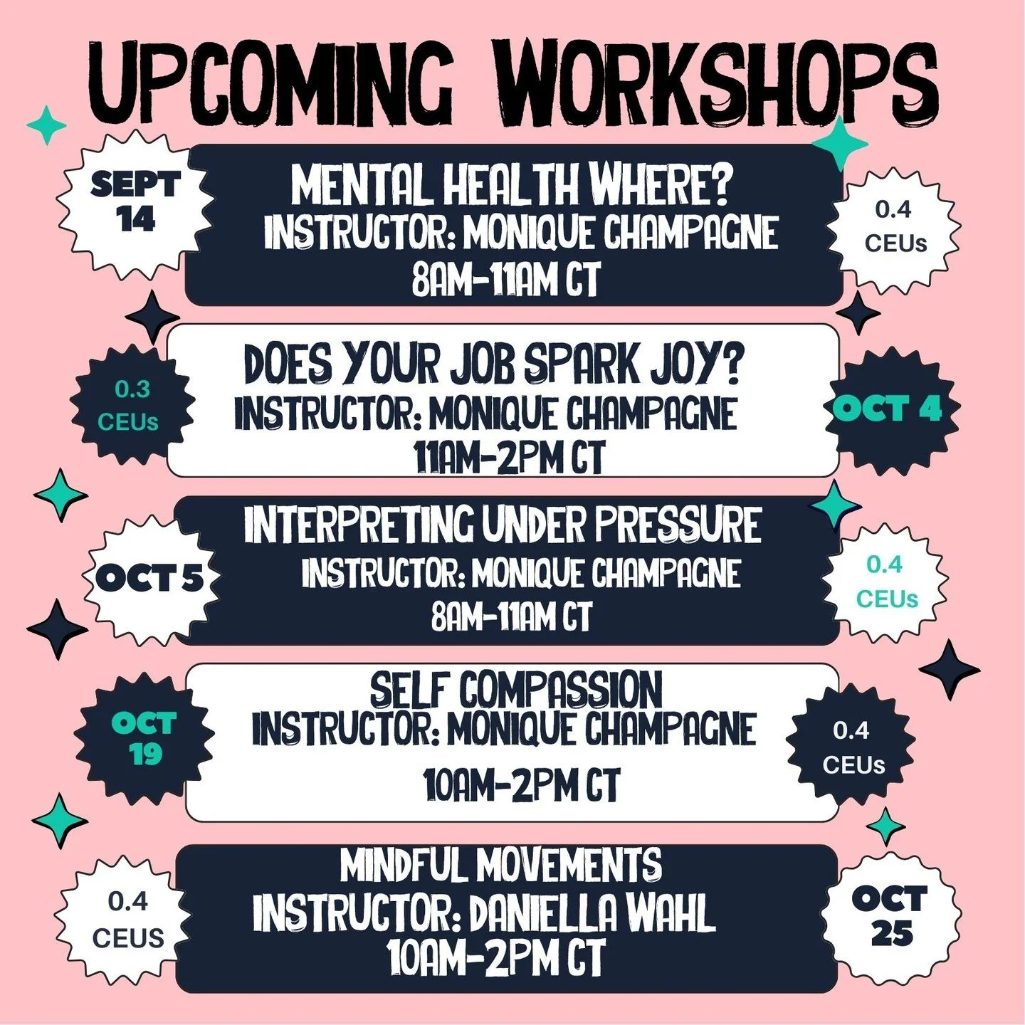 Looking for CEUs? 

Check out our upcoming workshops for September and October! 

Healing Haven has partnered with 
Sign Senei for a 4-part Resilience and Mental Health series: 

Register here: https://events.humanitix.com/mental-health-and-wellbeing