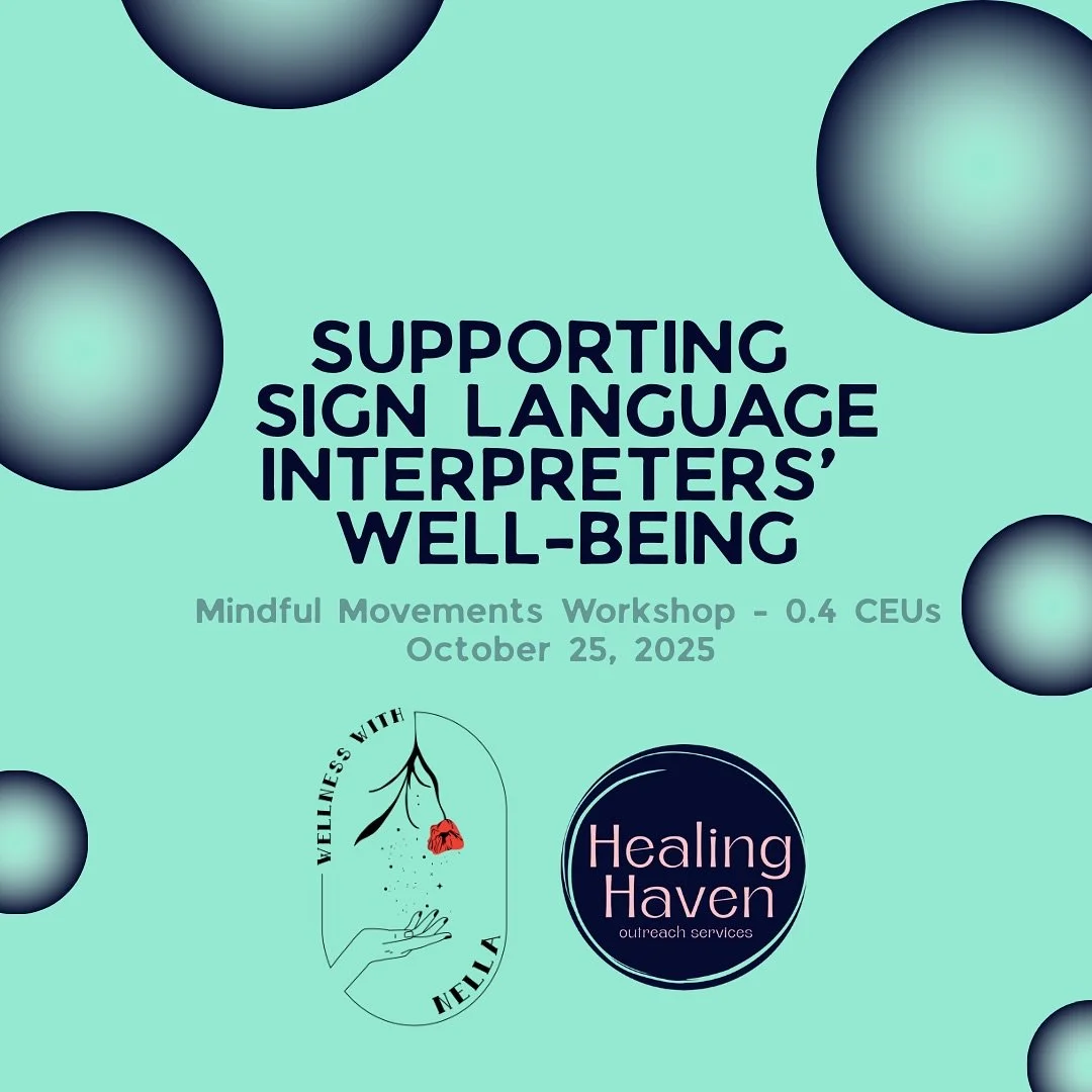 Do you ever feel the weight of interpreting in your body and mind?

Muscle tension, fatigue, and burnout are all too common in sign language interpreting.

Join us for Mindful Movements for Interpreters with @wellnesswithnella, a workshop designed fo