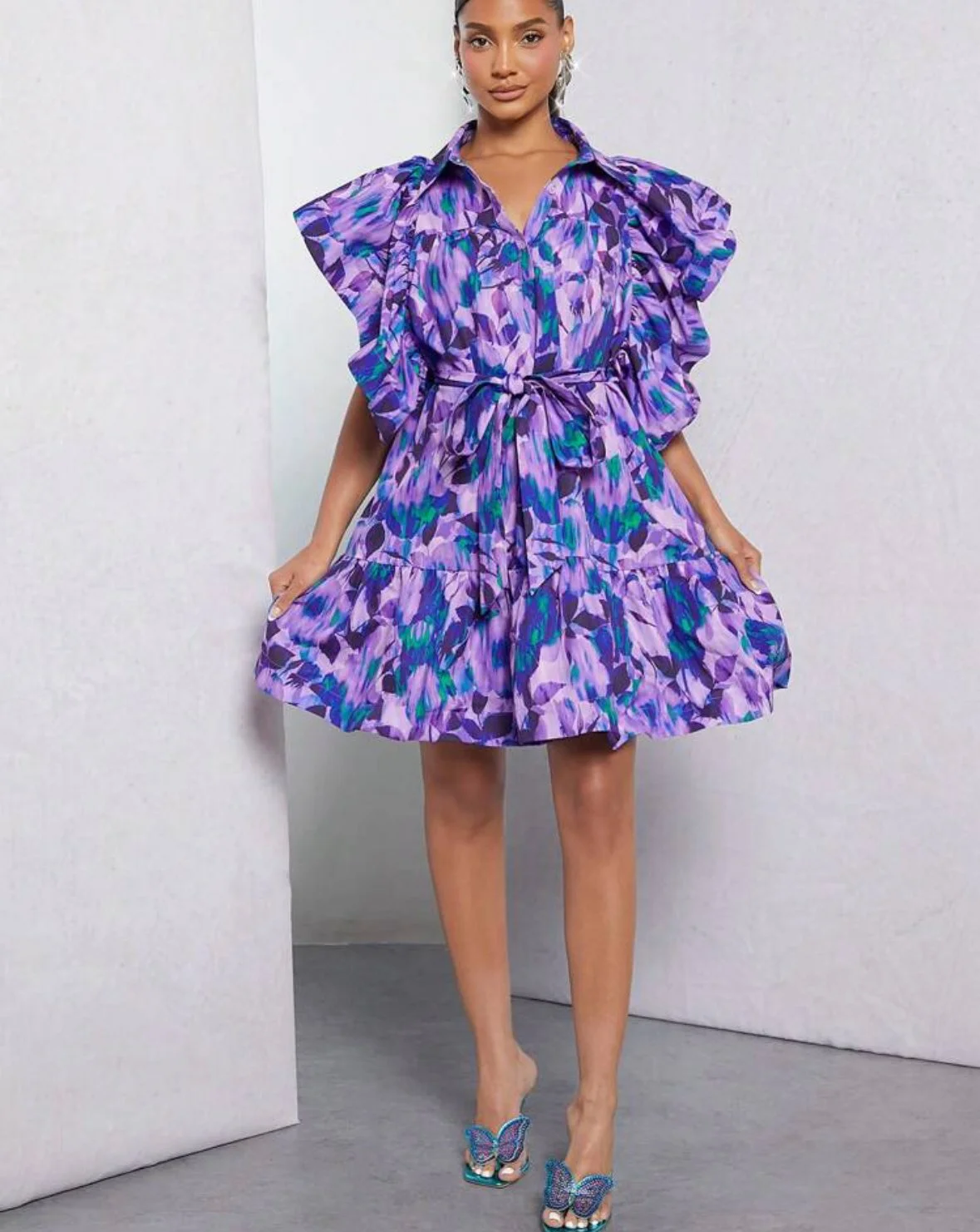 Katalyst Kouture Floral Print Ruffle Sleeve Belted Dress